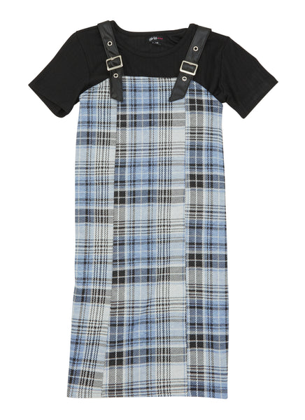 Girls Plaid Print Square Neck Faux-Leather Short Sleeves Sleeves Sleeveless Midi Dress