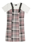 Girls Plaid Print Short Sleeves Sleeves Sleeveless Square Neck Faux-Leather Midi Dress