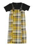 Girls Plaid Print Square Neck Short Sleeves Sleeves Sleeveless Faux-Leather Midi Dress