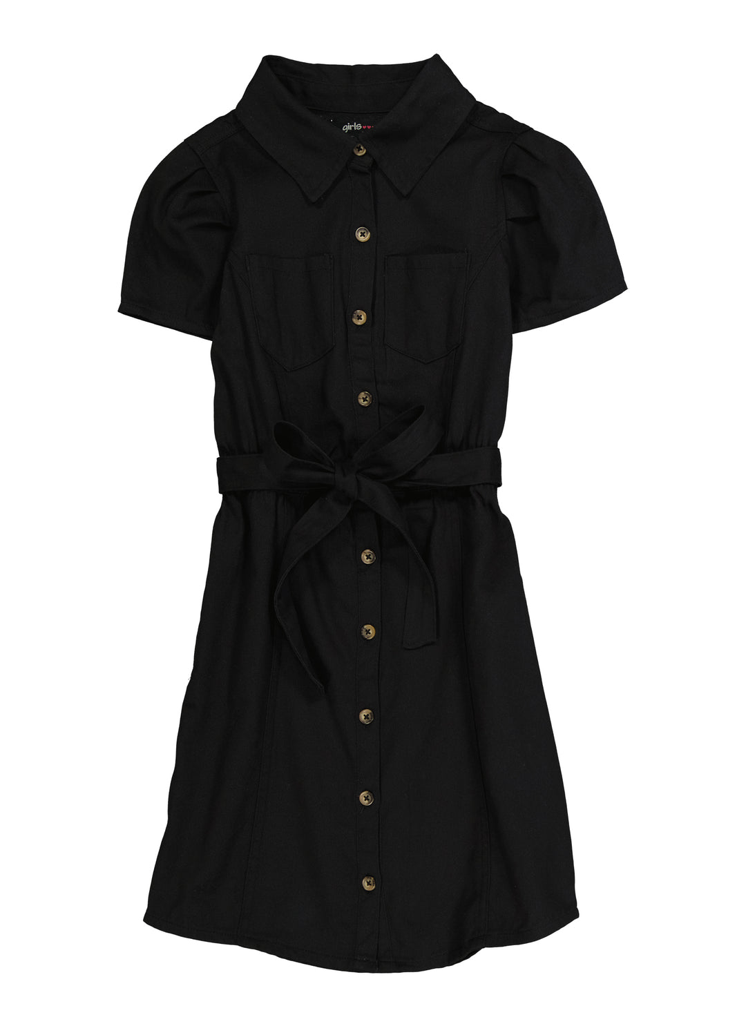 Girls Twill Puff Sleeve Tie Waist Shirt Dress