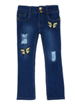 Little Girls Butterfly Embroidered Distressed Boot Cut Jeans, ,