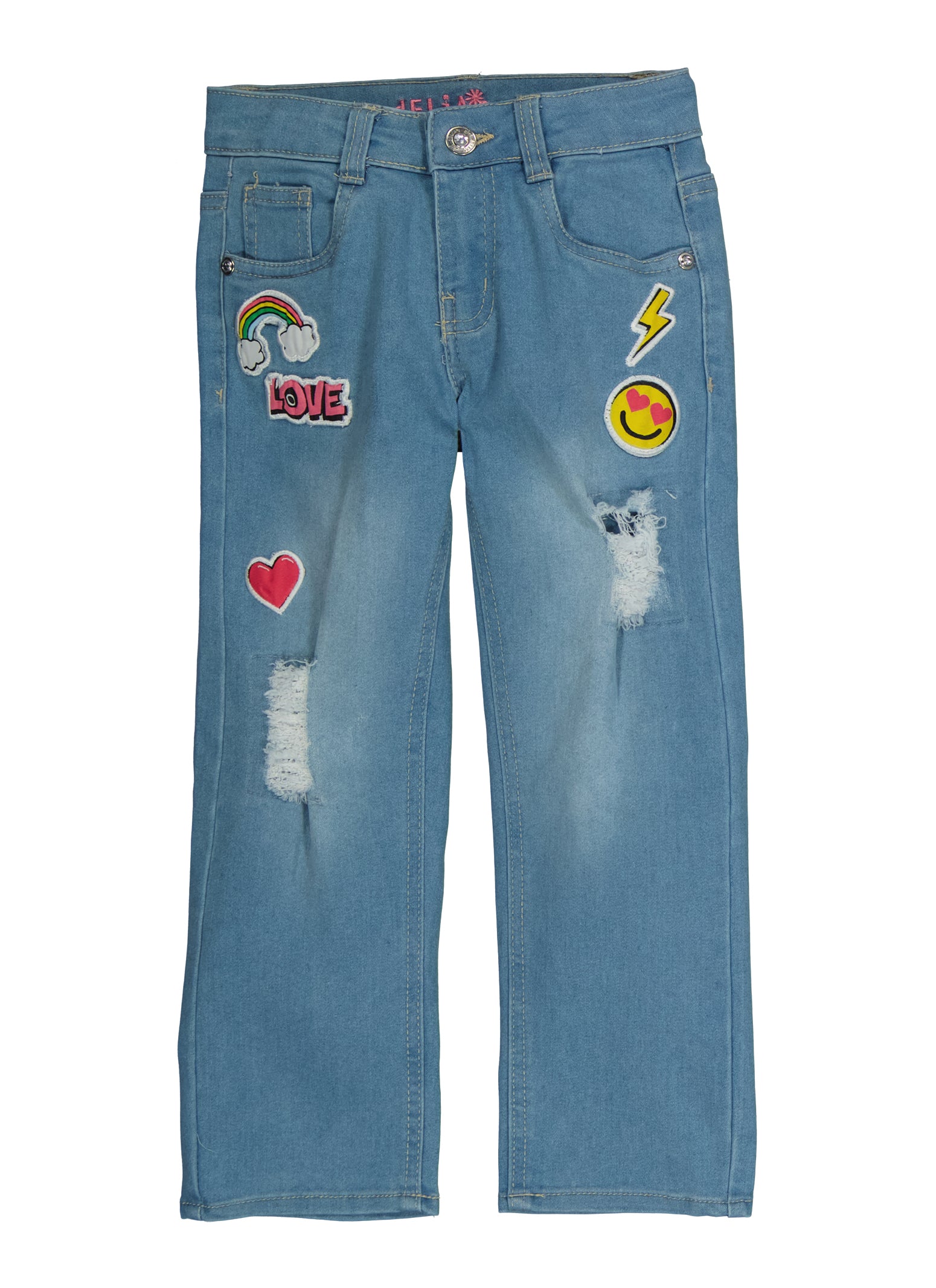 Little Girls Patch and Repair Graphic Wide Leg Jeans, Blue, Size 5
