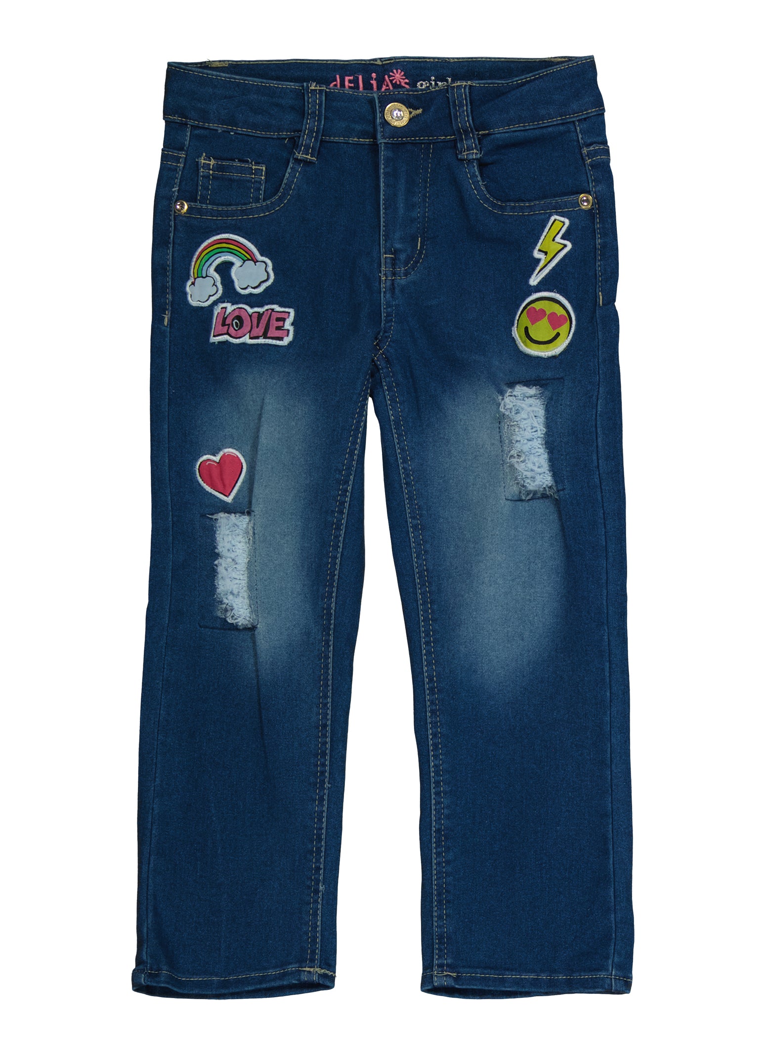 Little Girls Patch and Repair Graphic Wide Leg Jeans, Blue, Size 4