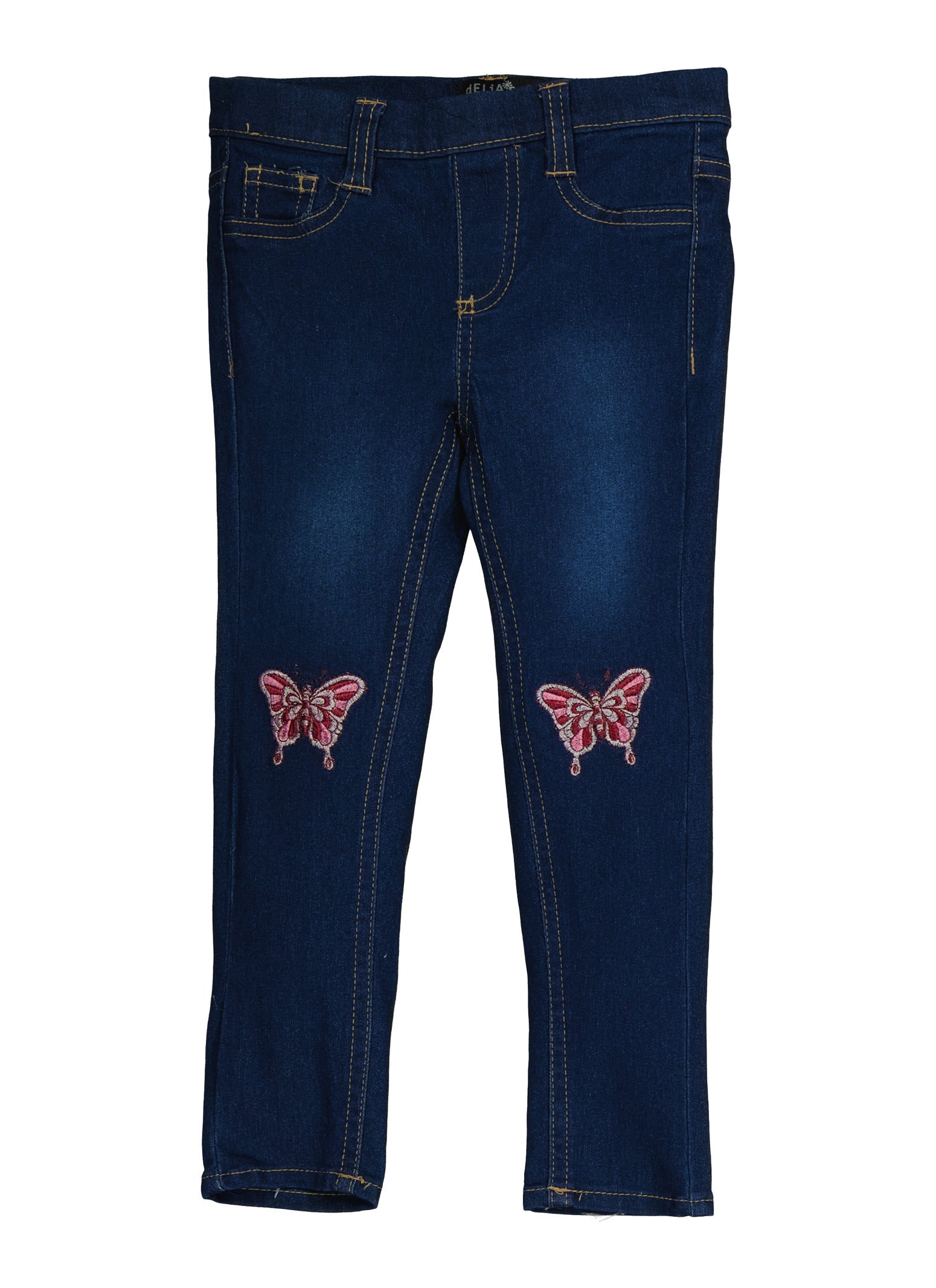 Little Girls Butterfly Embroidered Skinny Jeans, Blue, Size 4