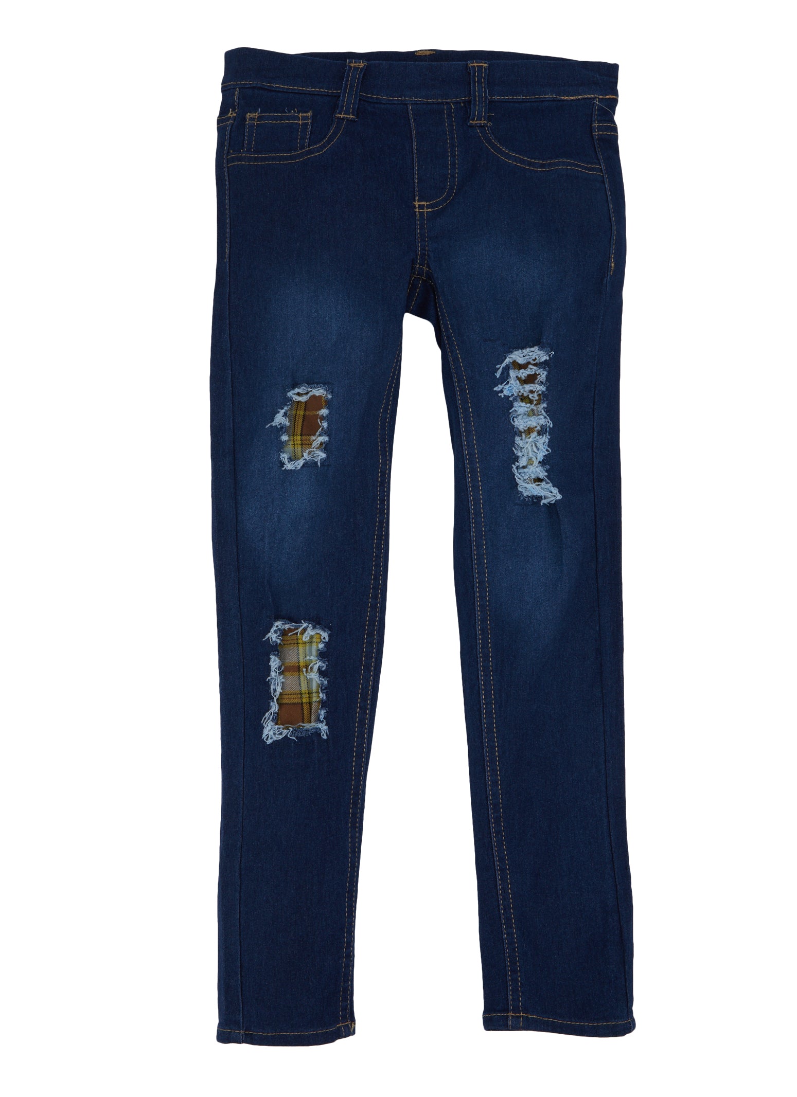 Girls Plaid Insert Patch and Repair Skinny Jeans, Blue,