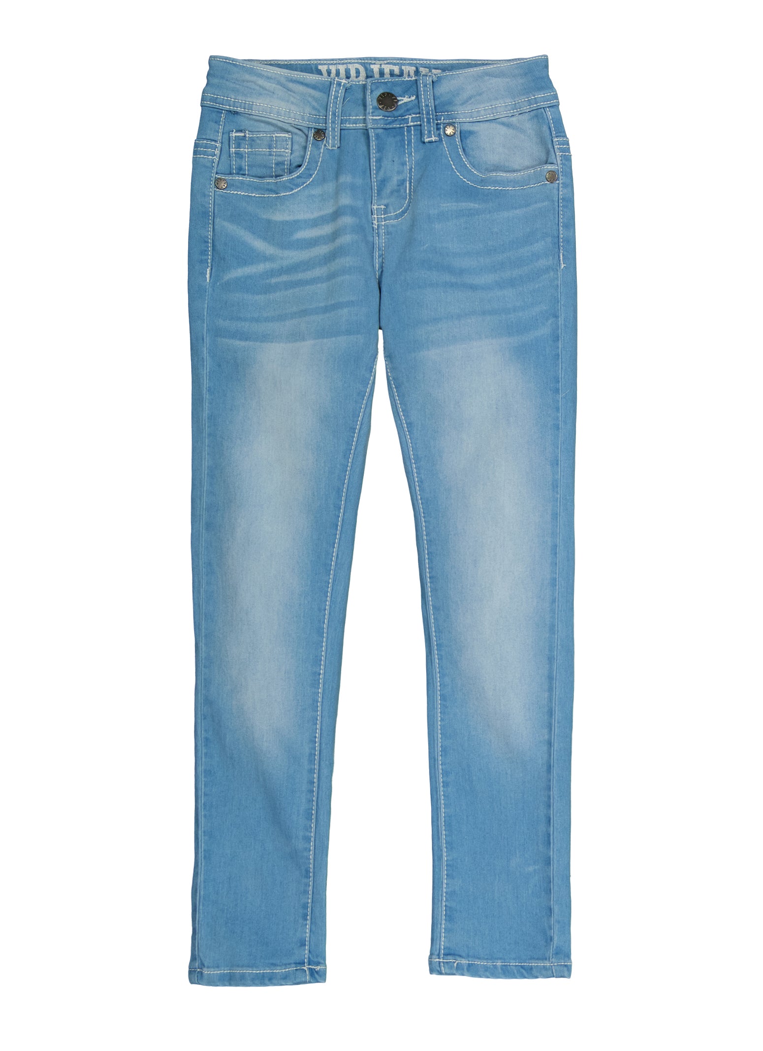 Girls VIP Button Back Pocket Whiskered Jeans, Blue, Size 14