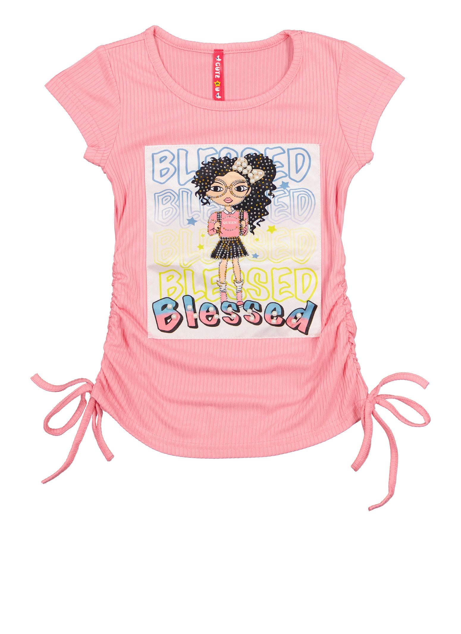 Little Girls Blessed Faux Pearl Beaded Ruched Tee, Pink, Size 4