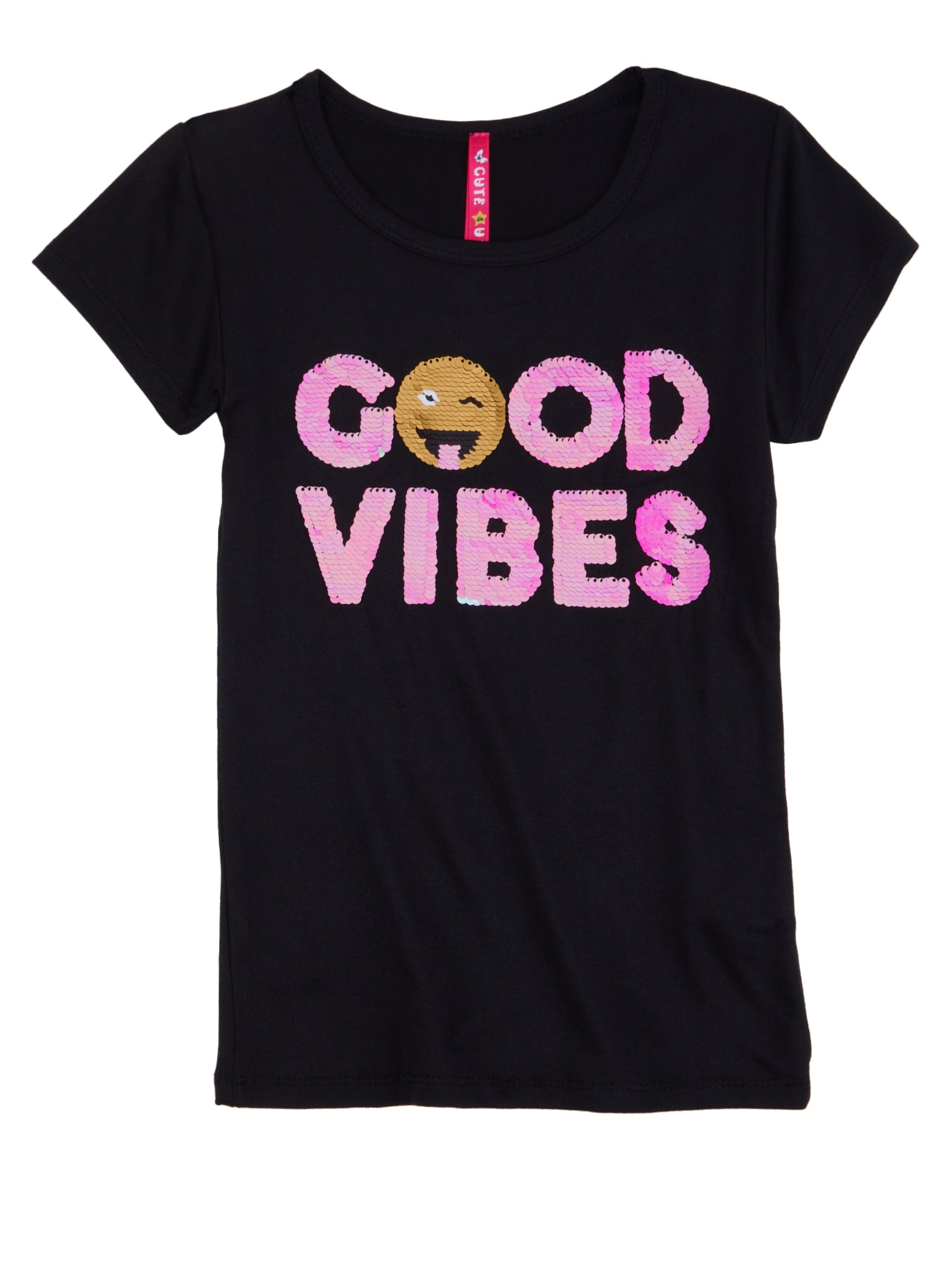 Little Girls Reversible Sequin Good Vibes Graphic Tee, Black, Size 4