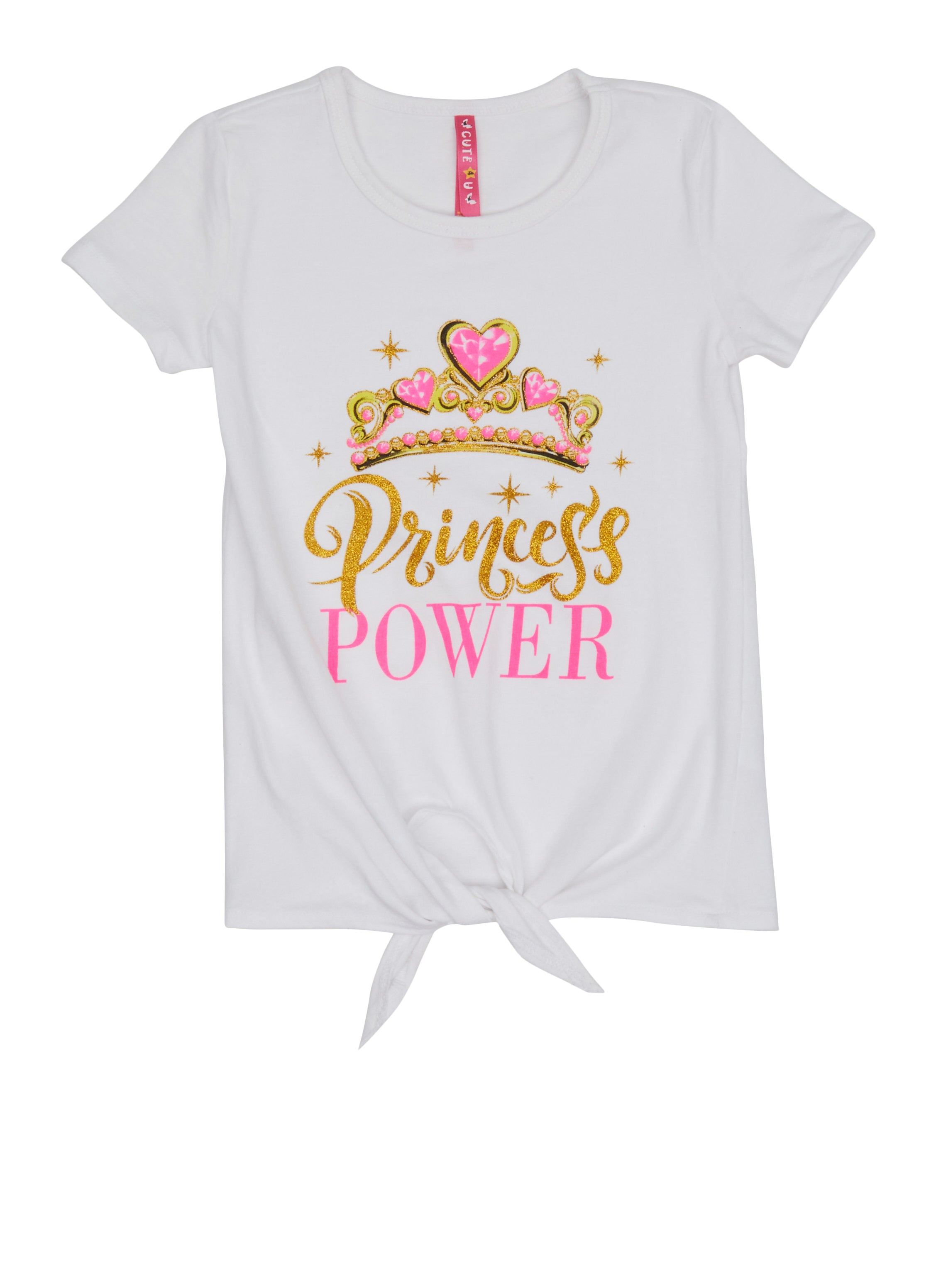Little Girls Glitter Princess Power Tie Front Graphic Tee, White,