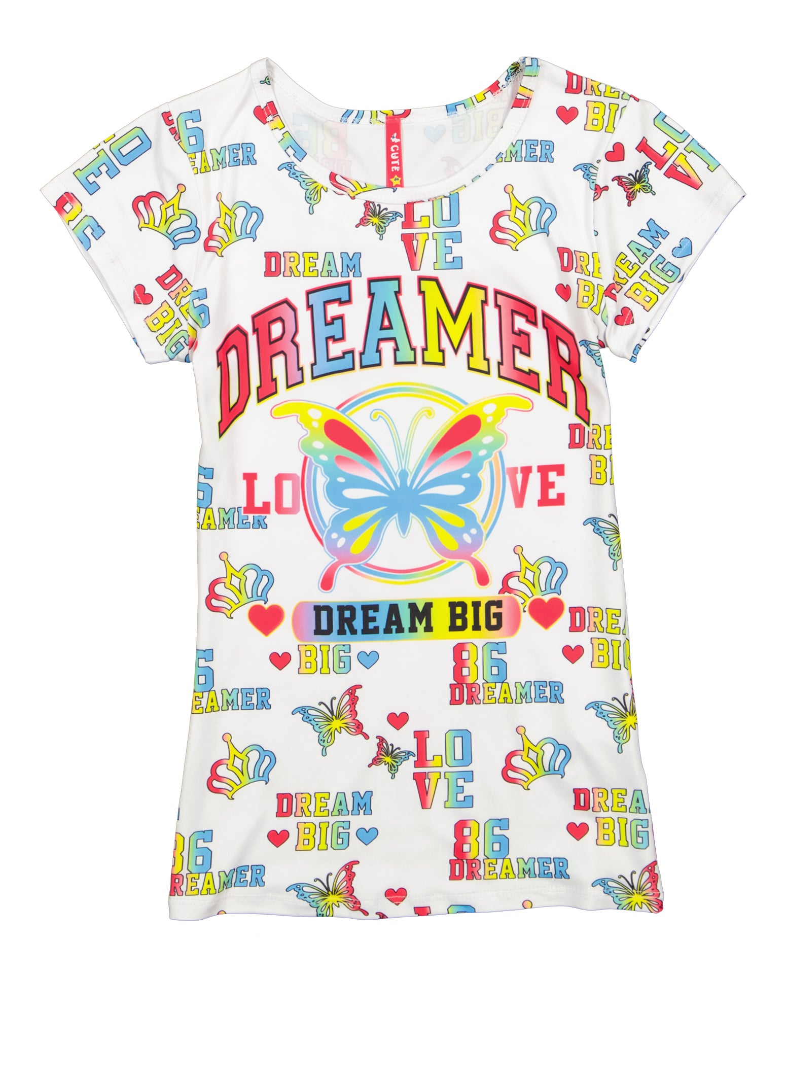 Girls Butterfly Print Dreamer Graphic Tee, White,