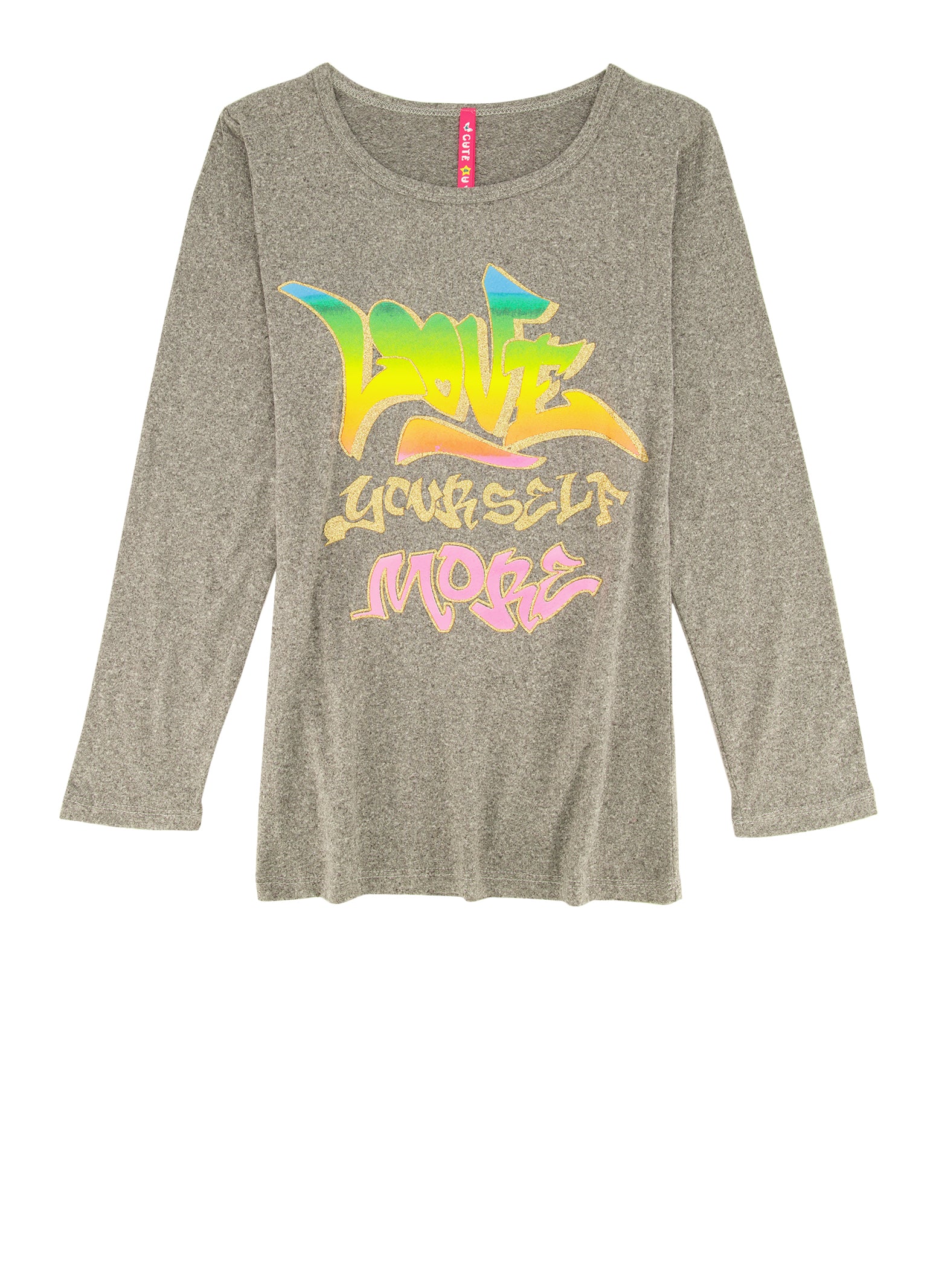 Girls Love Yourself More Long Sleeve Tee, Grey, Size 14-16