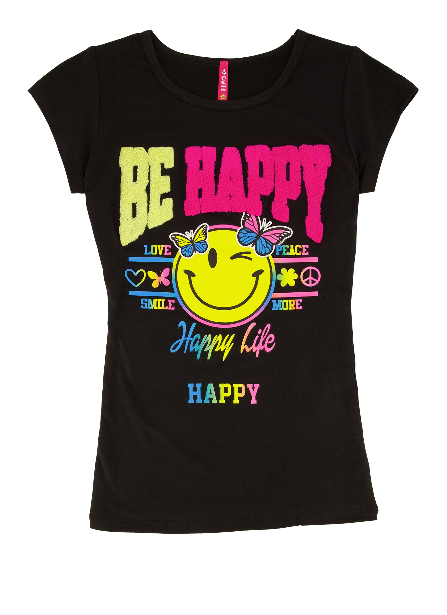 Girls Be Happy Chenille Patch Graphic Tee,