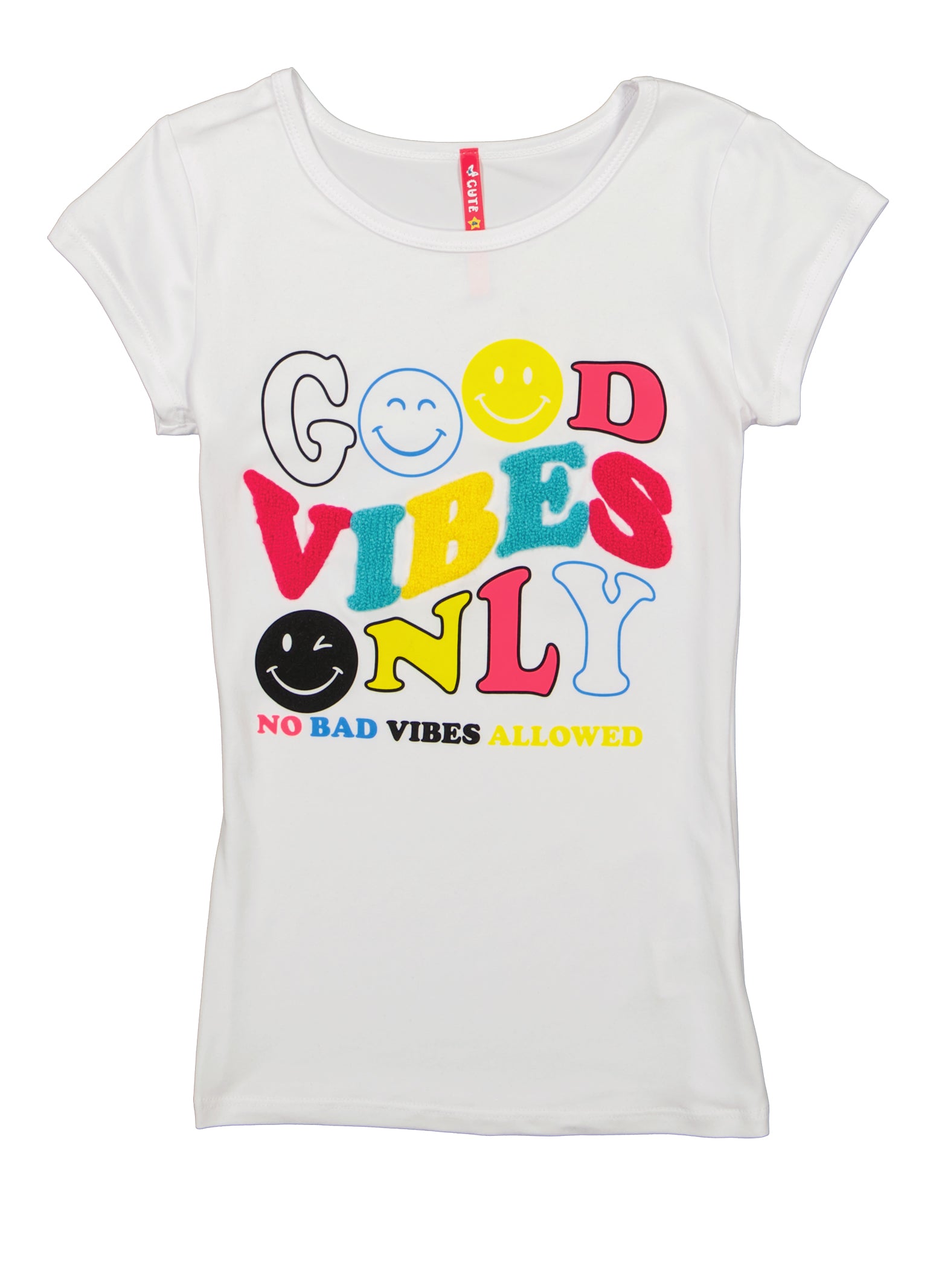 Girls Good Vibes Only Chenille Patch Graphic Tee, White, Size 10-12