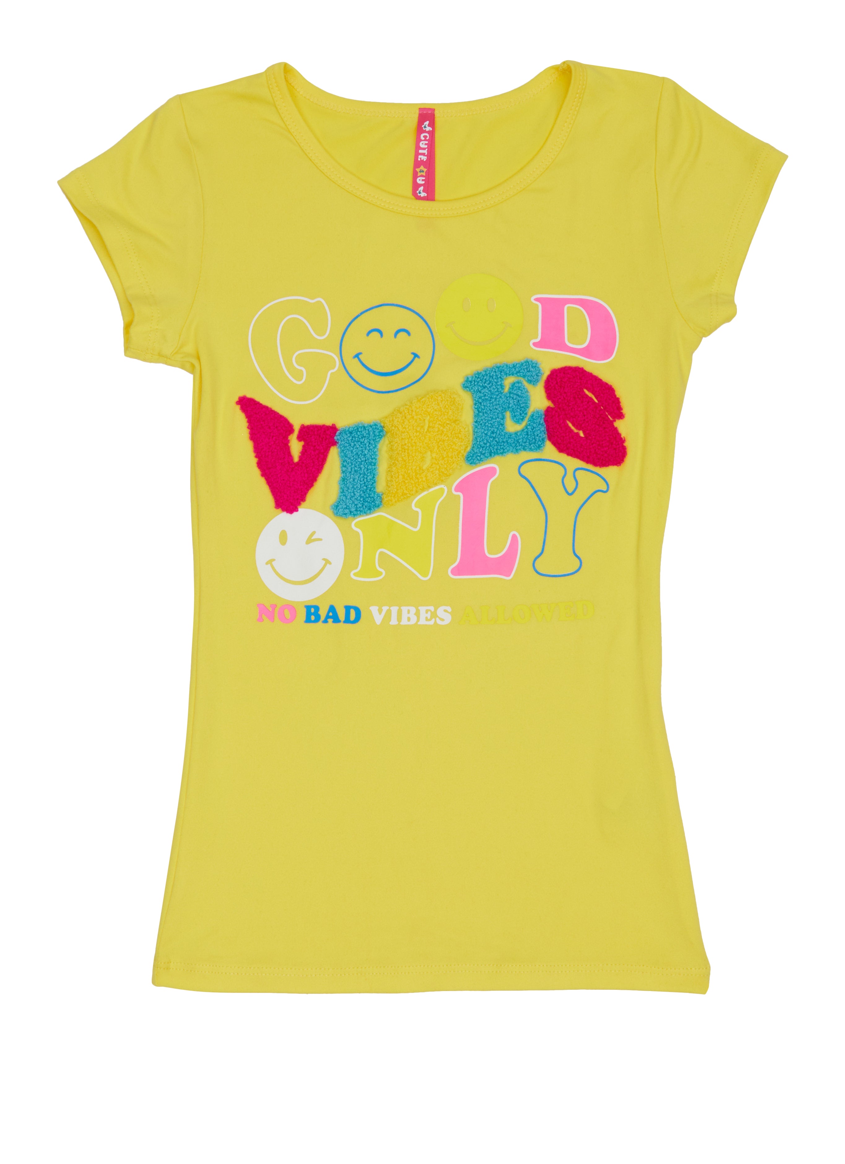 Girls Good Vibes Only Chenille Patch Graphic Tee, Yellow, Size 7-8