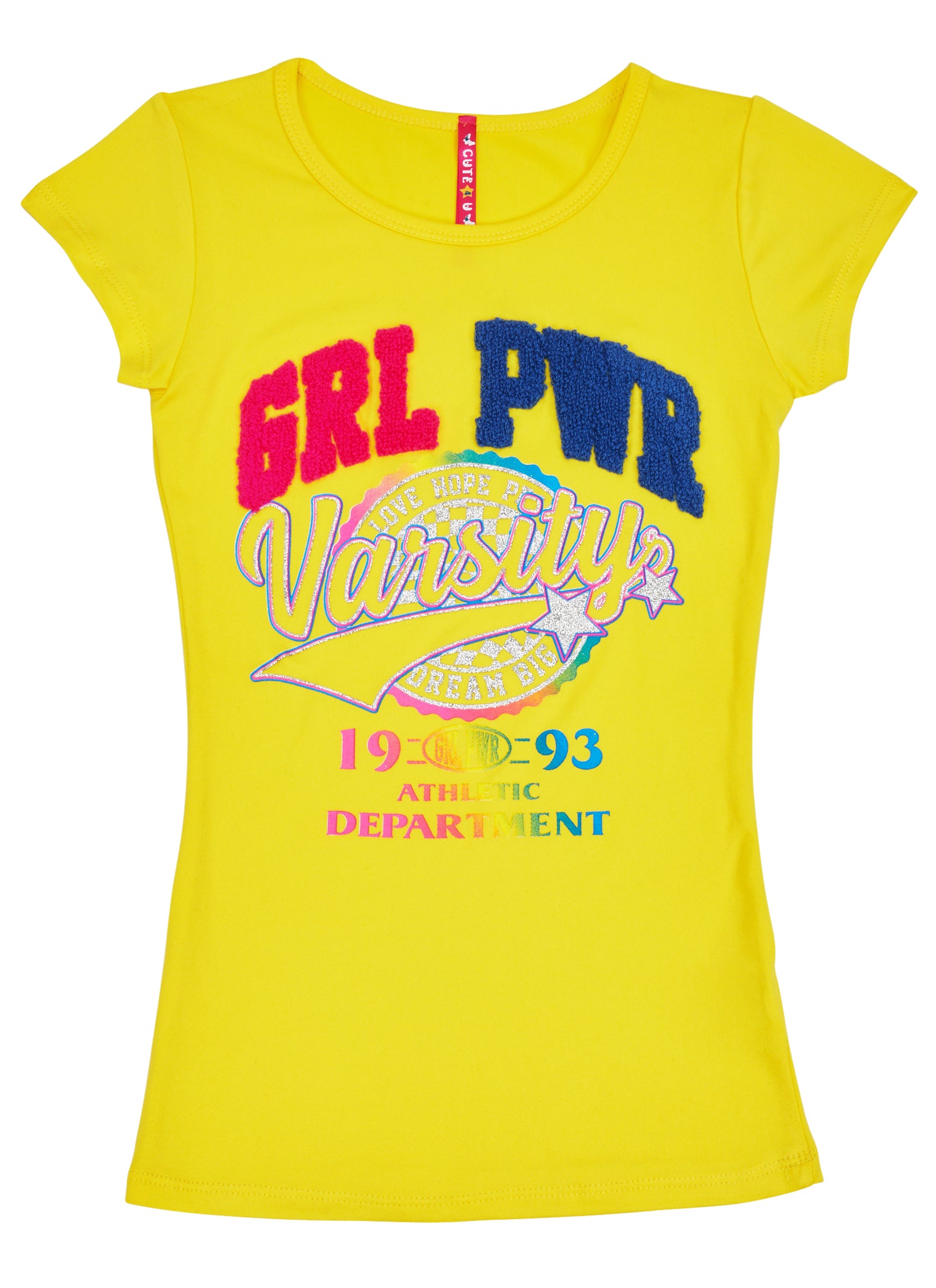 Girls Glitter Grl Pwr Chenille Patch Embroidered Graphic Tee, Yellow, Size 7-8