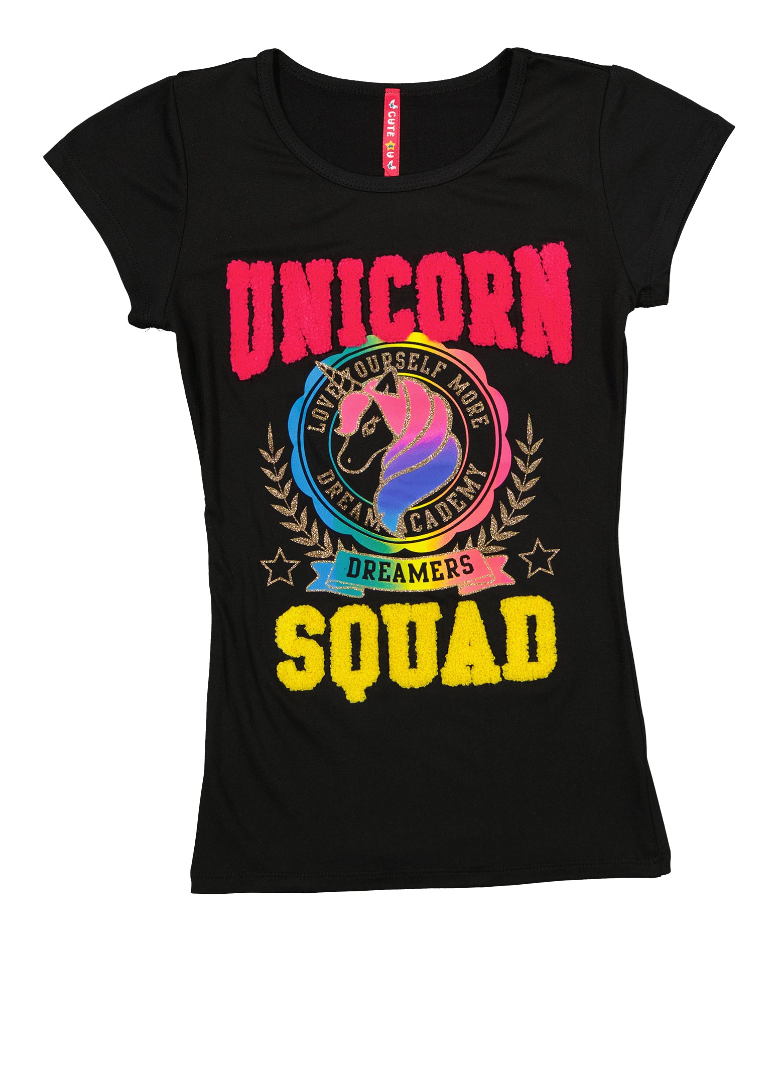 Girls Glitter Unicorn Squad Chenille Patch Embroidered Graphic Tee,