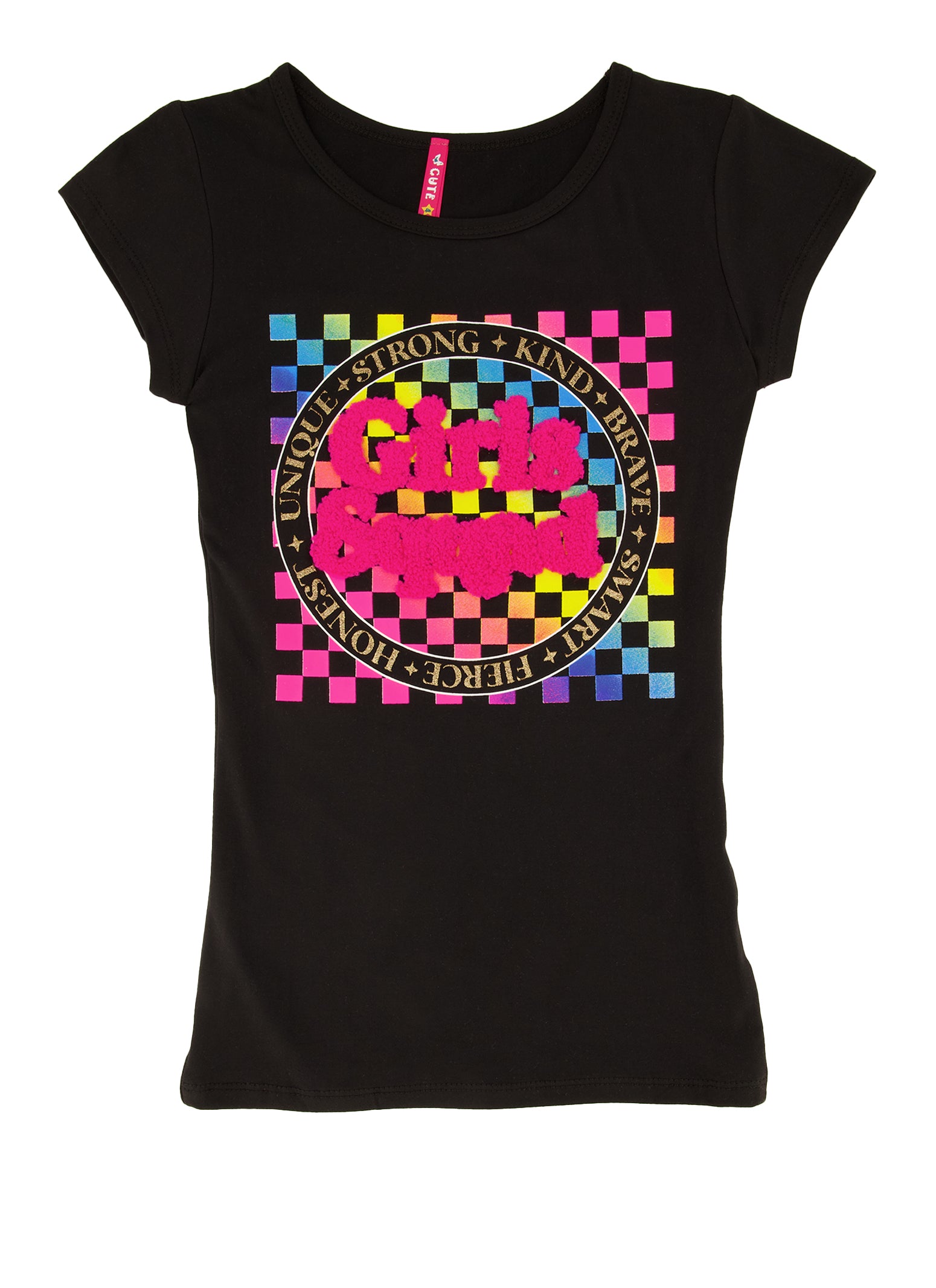 Girls Checkered Squad Chenille Embroidered Graphic Tee,