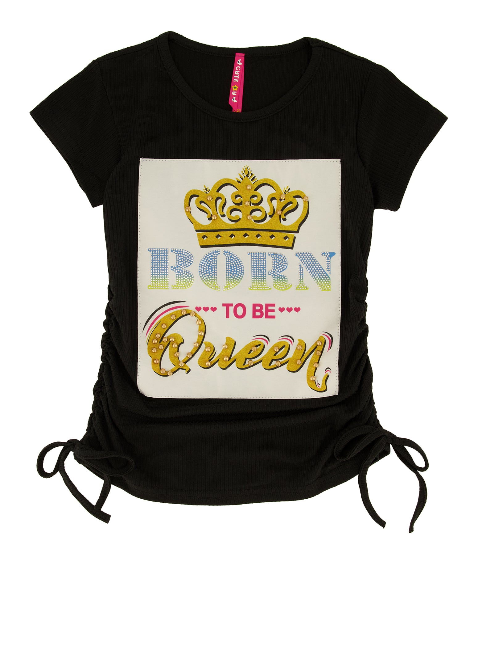 Girls Ruched Drawstring Beaded Born To Be Queen Graphic Patch Tee, Black, Size 7-8