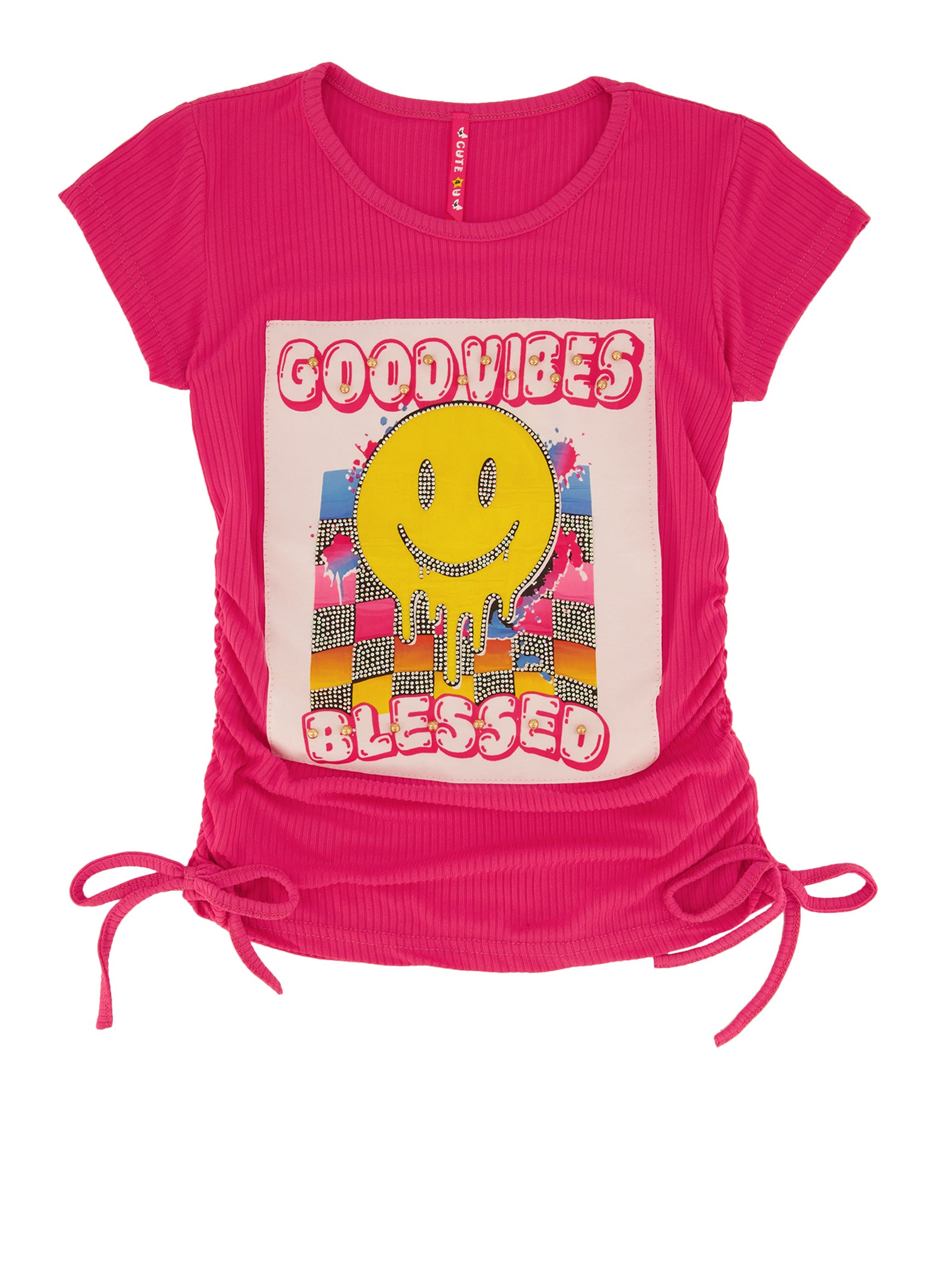 Girls Good Vibes Studded Patch Graphic Tee, Pink, Size 10-12