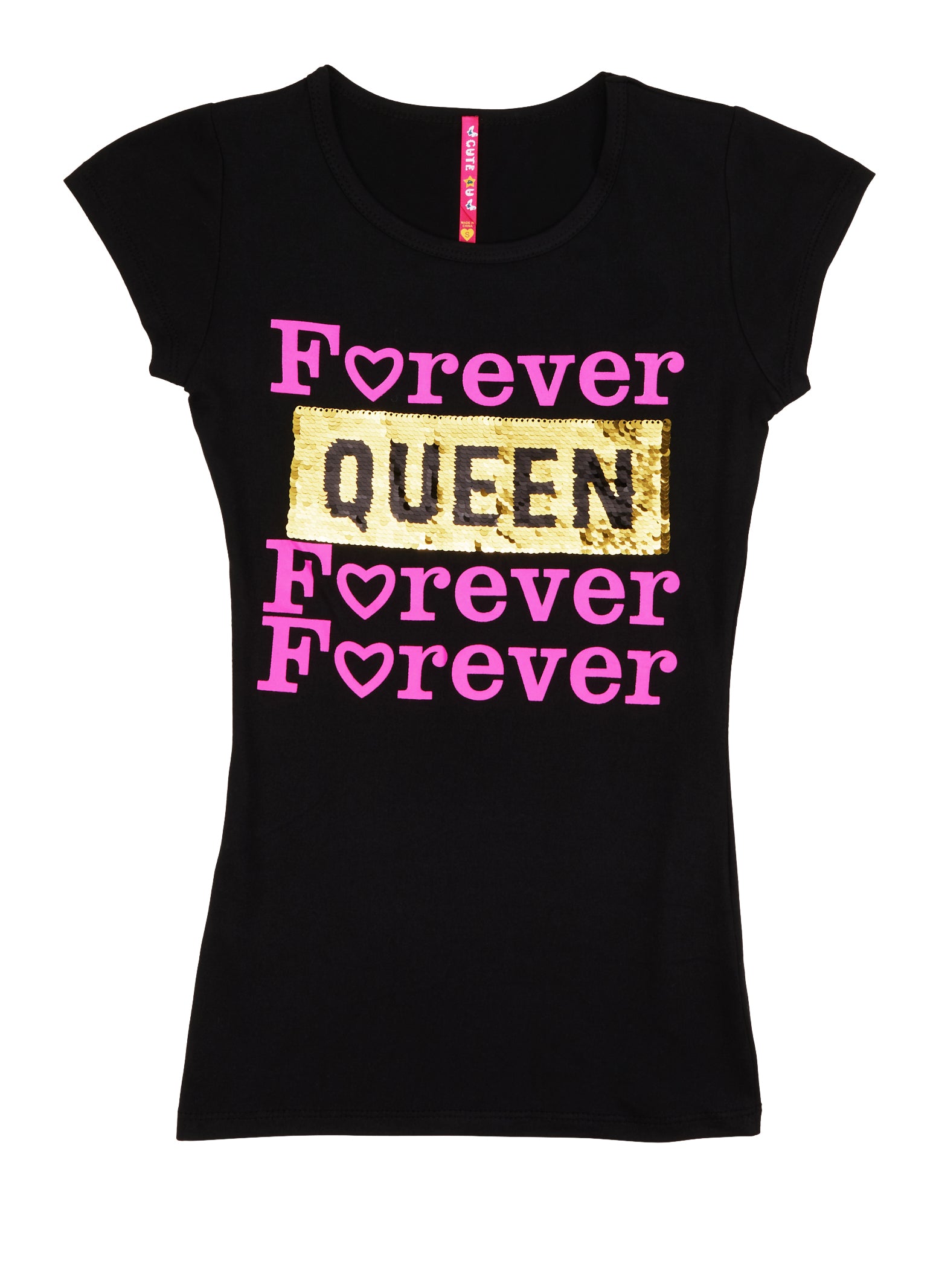 Girls Forever Queen Reversible Sequin Patch Graphic Tee, Black, Size 10-12