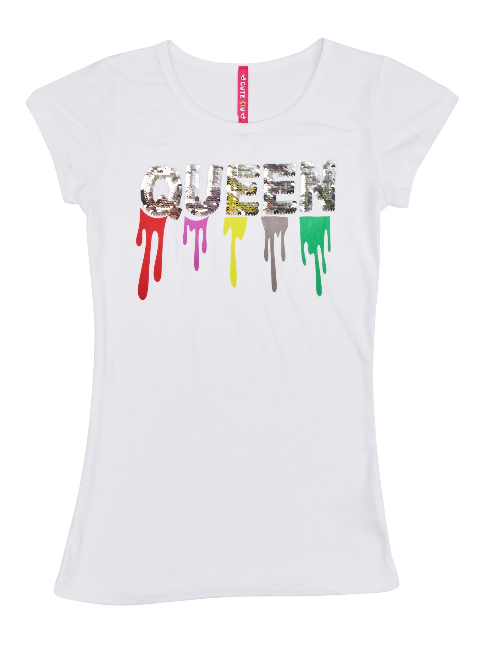Girls Queen Reversible Sequin Patch Graphic Tee, White, Size 14-16