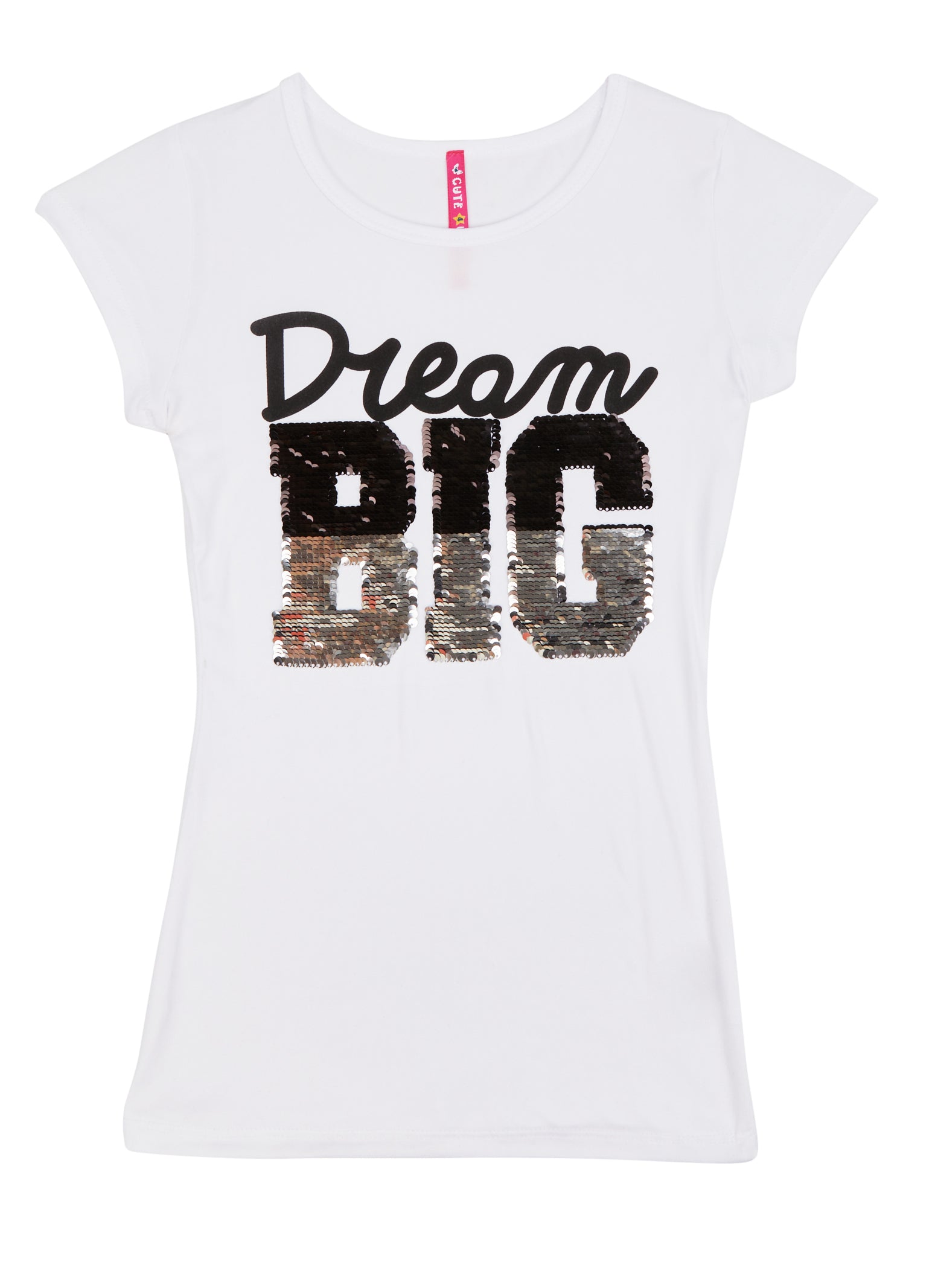 Girls Dream Big Reversible Sequin Patch Graphic Tee, White, Size 7-8