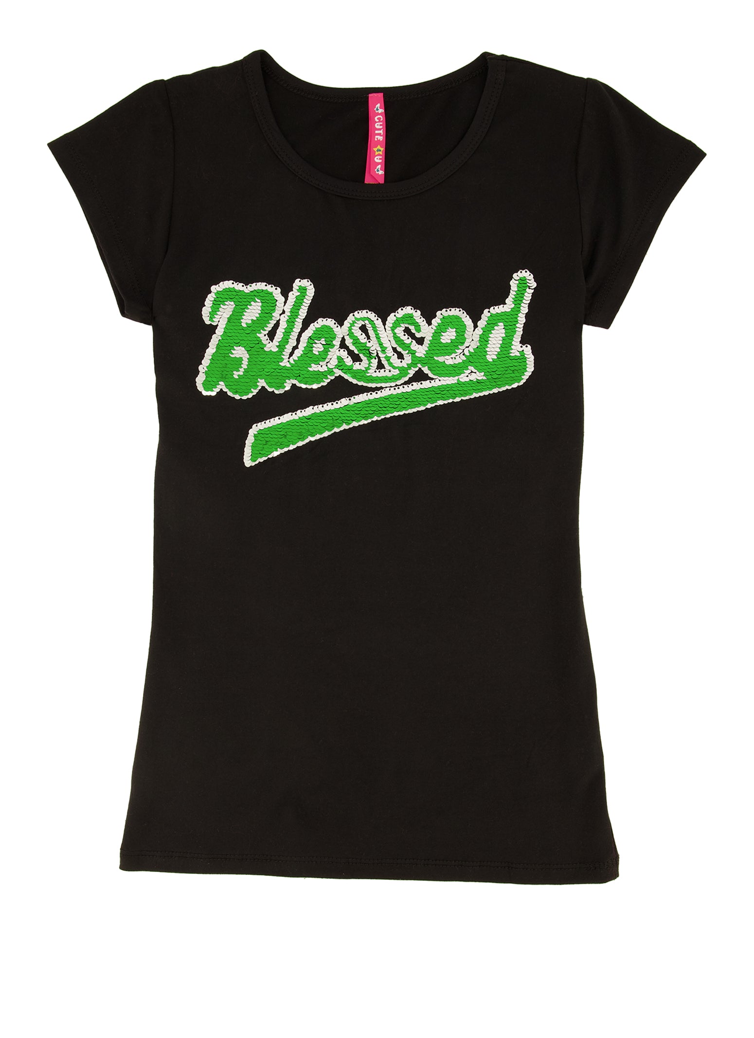 Girls Blessed Reversible Sequin Graphic Tee, Black, Size 7-8