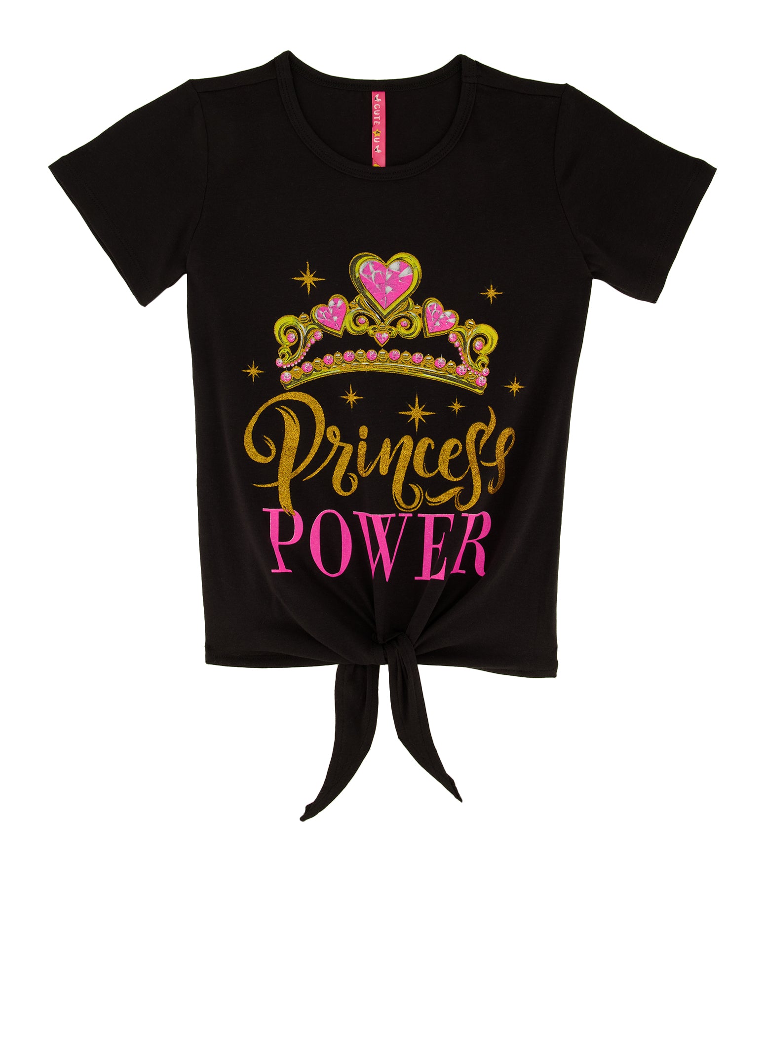 Girls Princess Power Tie Front Glitter Graphic Tee,