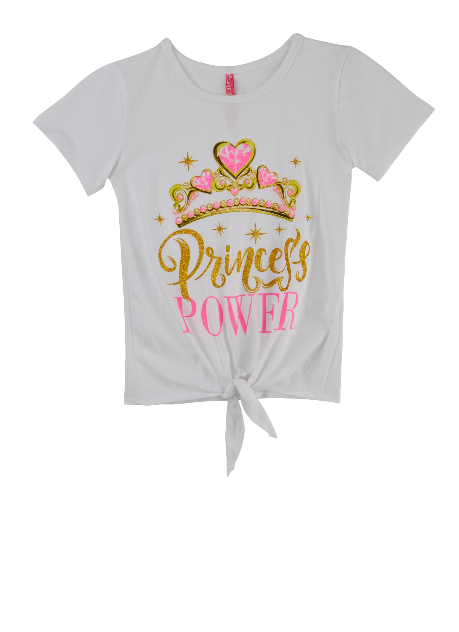 Girls Princess Power Tie Front Glitter Graphic Tee, White,