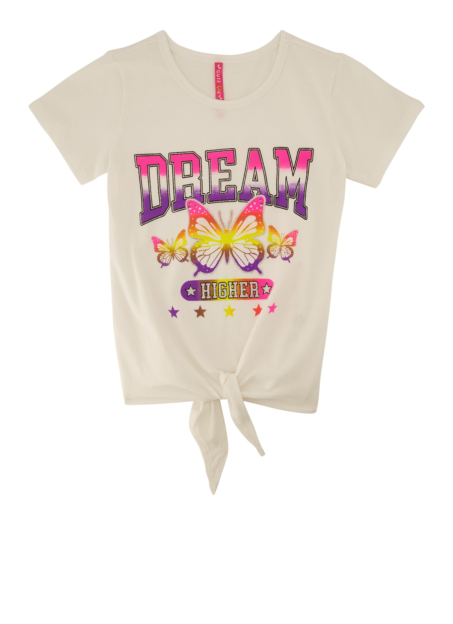 Girls Glitter Dream Higher Tie Front Graphic Tee, White, Size 10-12