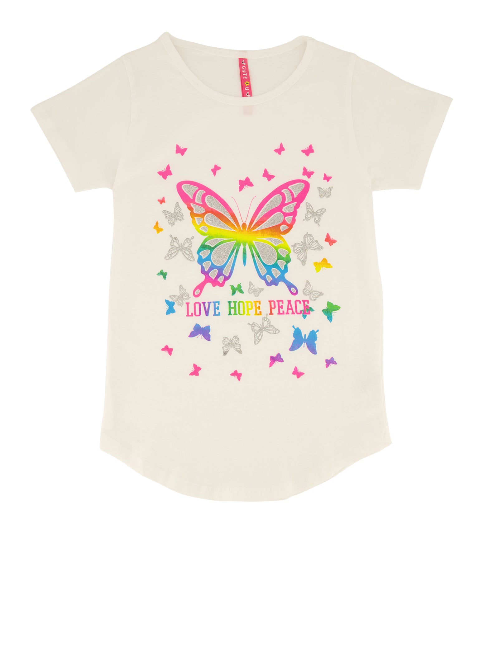 Girls Love Hope Peace Butterfly Glitter Graphic Tee, White, Size 7-8