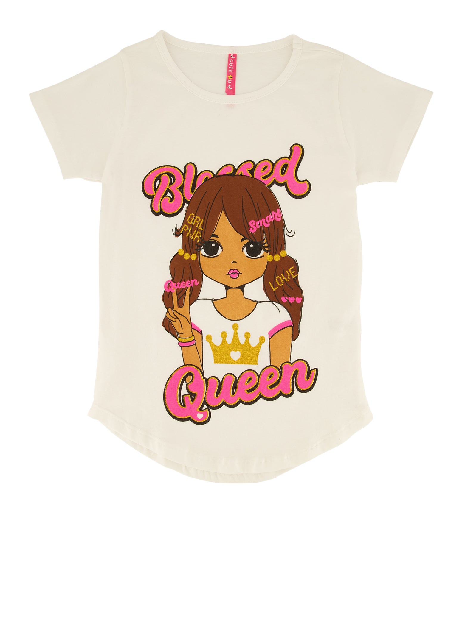 Girls Blessed Queen Glitter Graphic Tee, White, Size 7-8