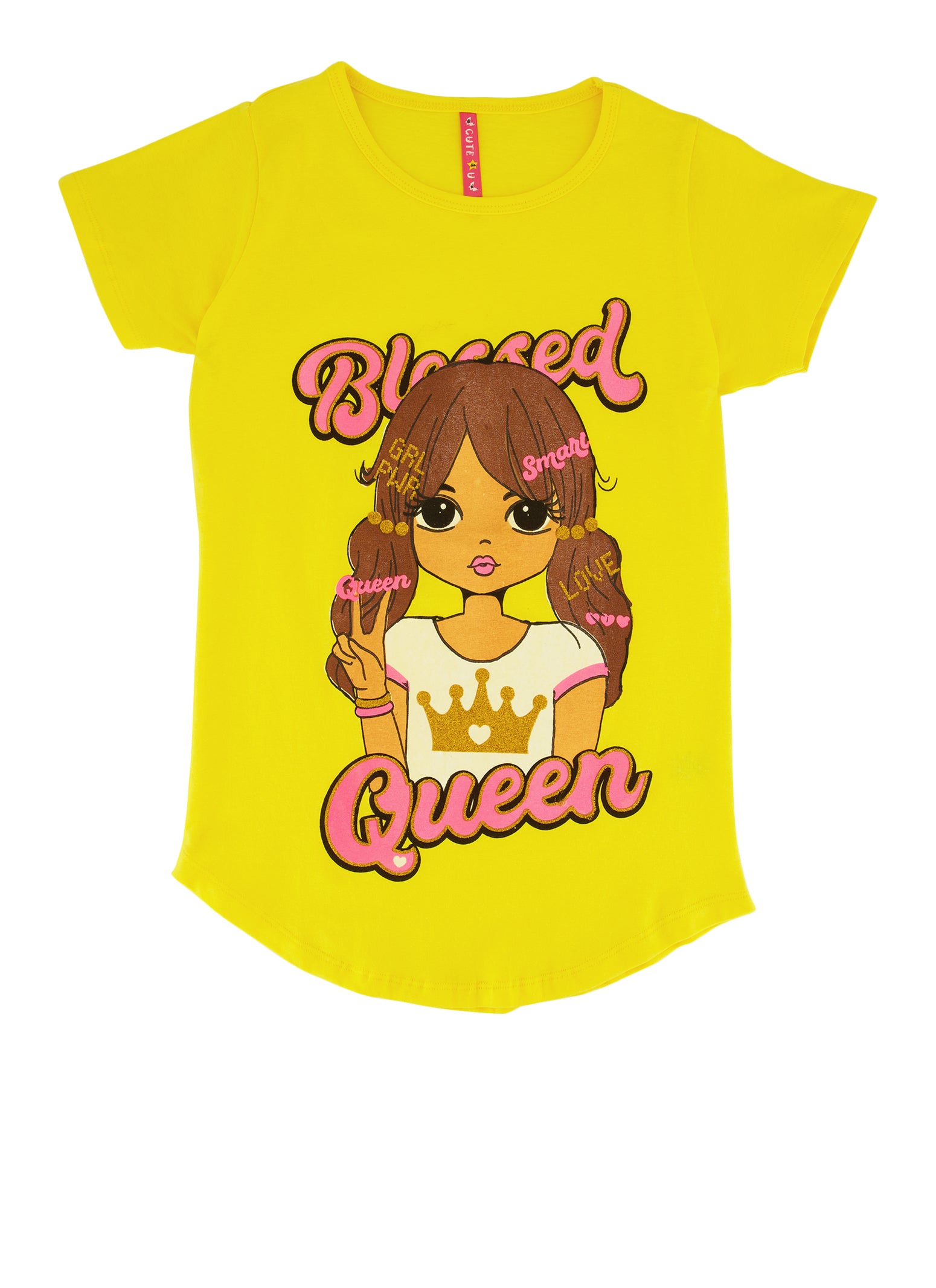 Girls Blessed Queen Glitter Graphic Tee, Yellow, Size 14-16