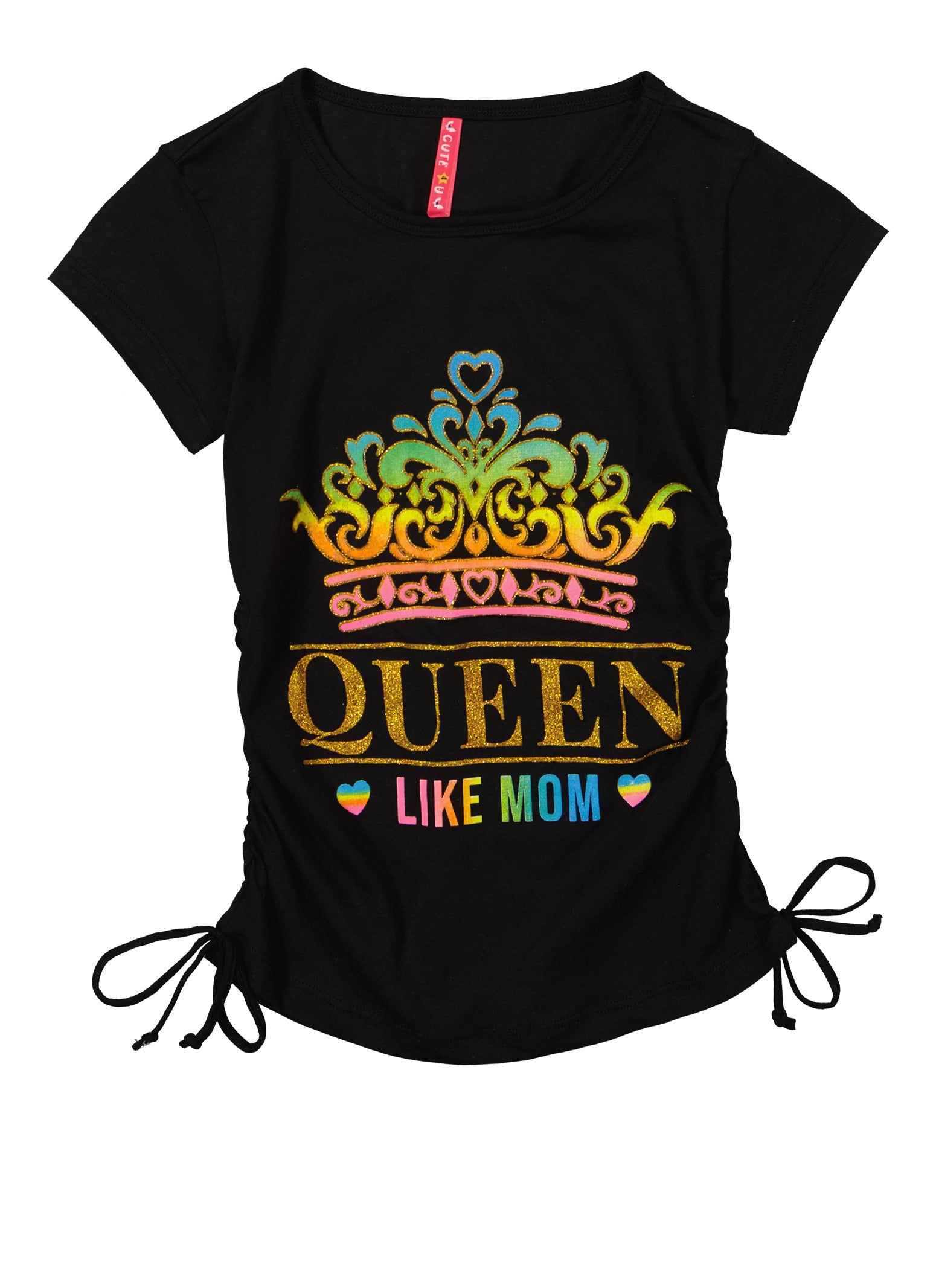 Girls Ruched Drawstring Queen Like Mom Glitter Graphic Tee, Black, Size 7-8