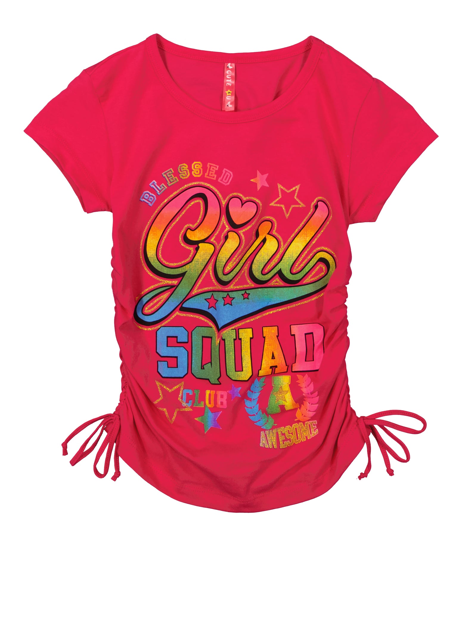 Girls Ruched Drawstring Girl Squad Glitter Graphic Tee, Pink, Size 7-8