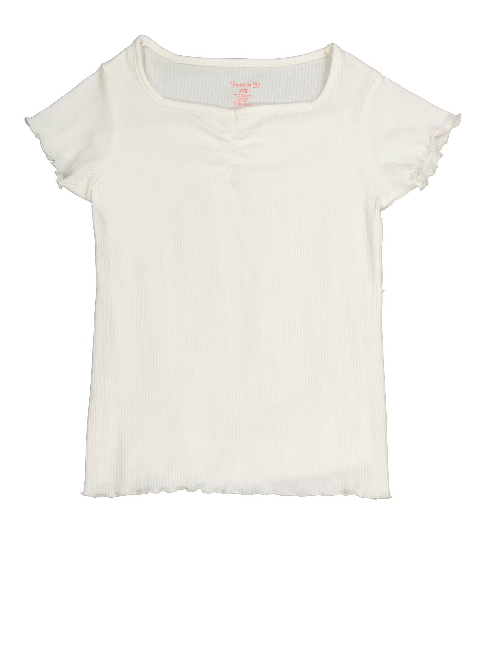 Girls Ribbed Knit Lettuce Edge Short Sleeve Top, White, Size 10-12