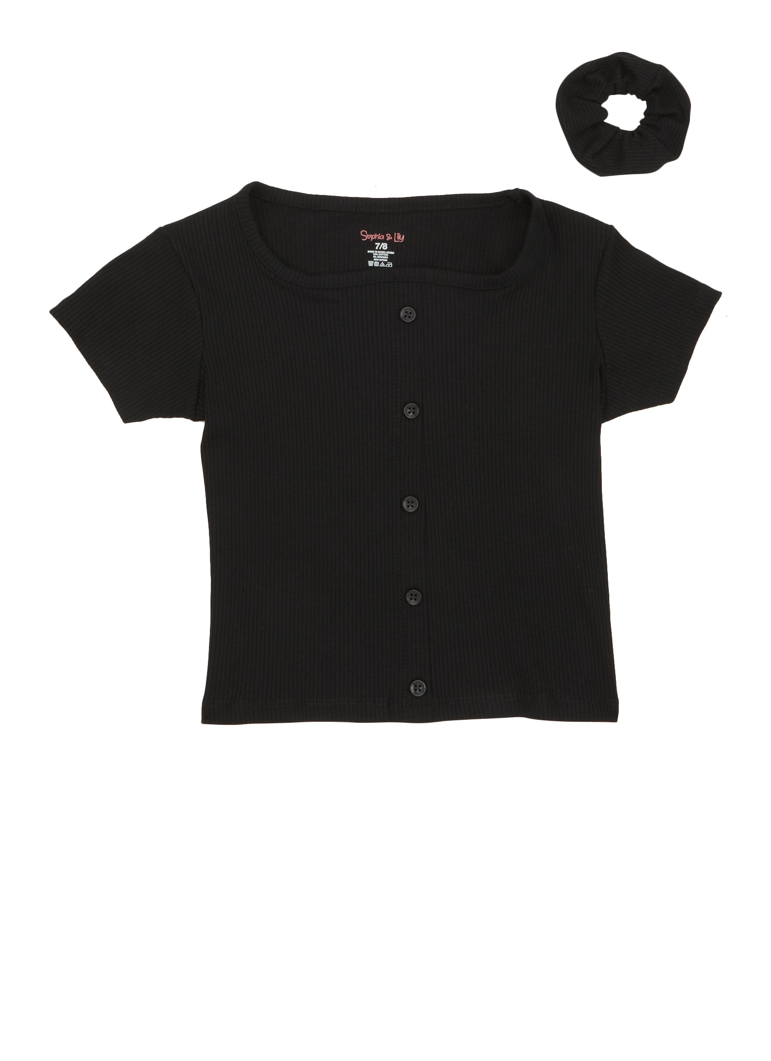 Girls Ribbed Faux Button Top with Scrunchie,