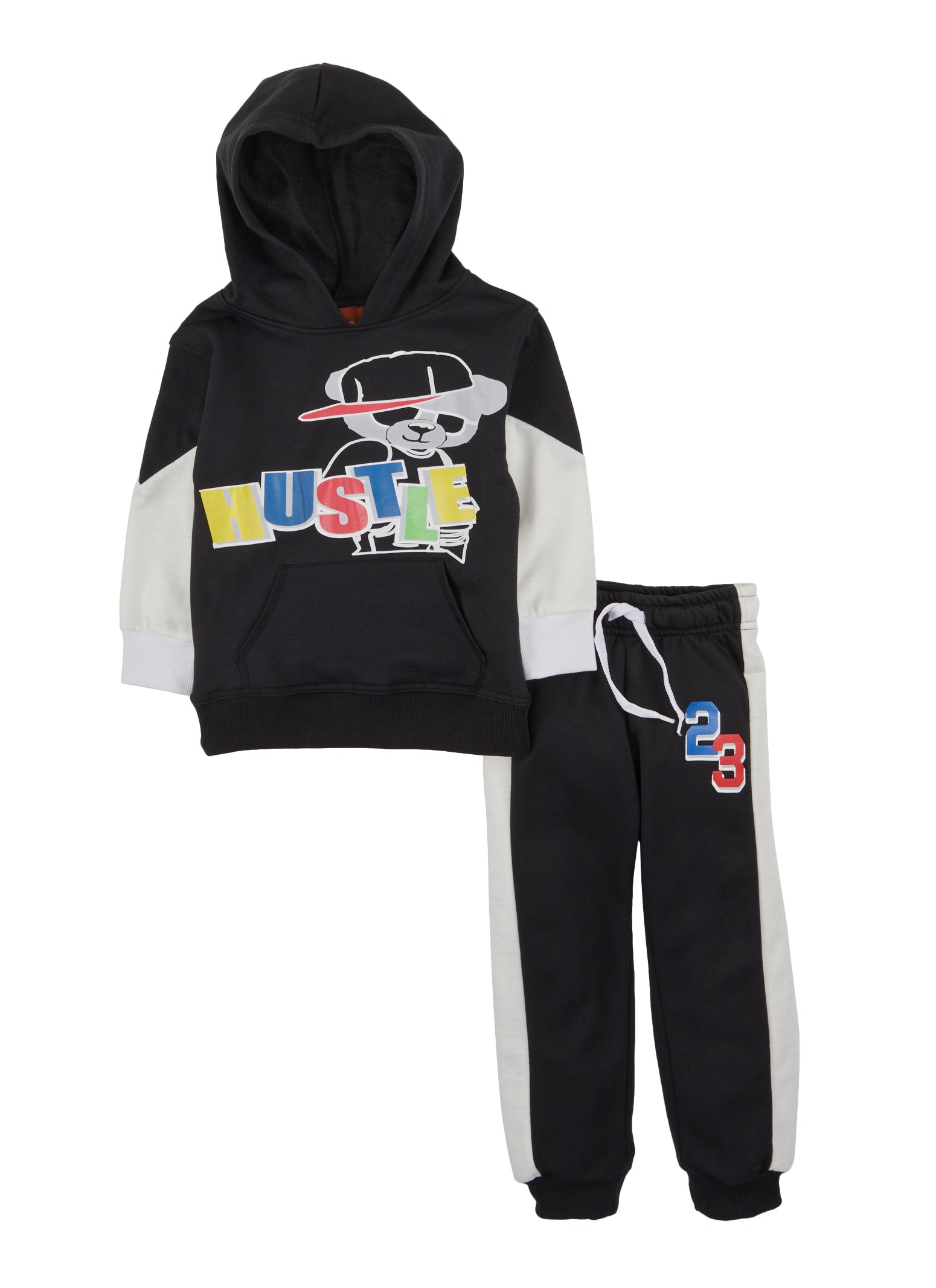 Little Boys Hustle Bear 23 Graphic Hoodie and Joggers, Black, Size 4