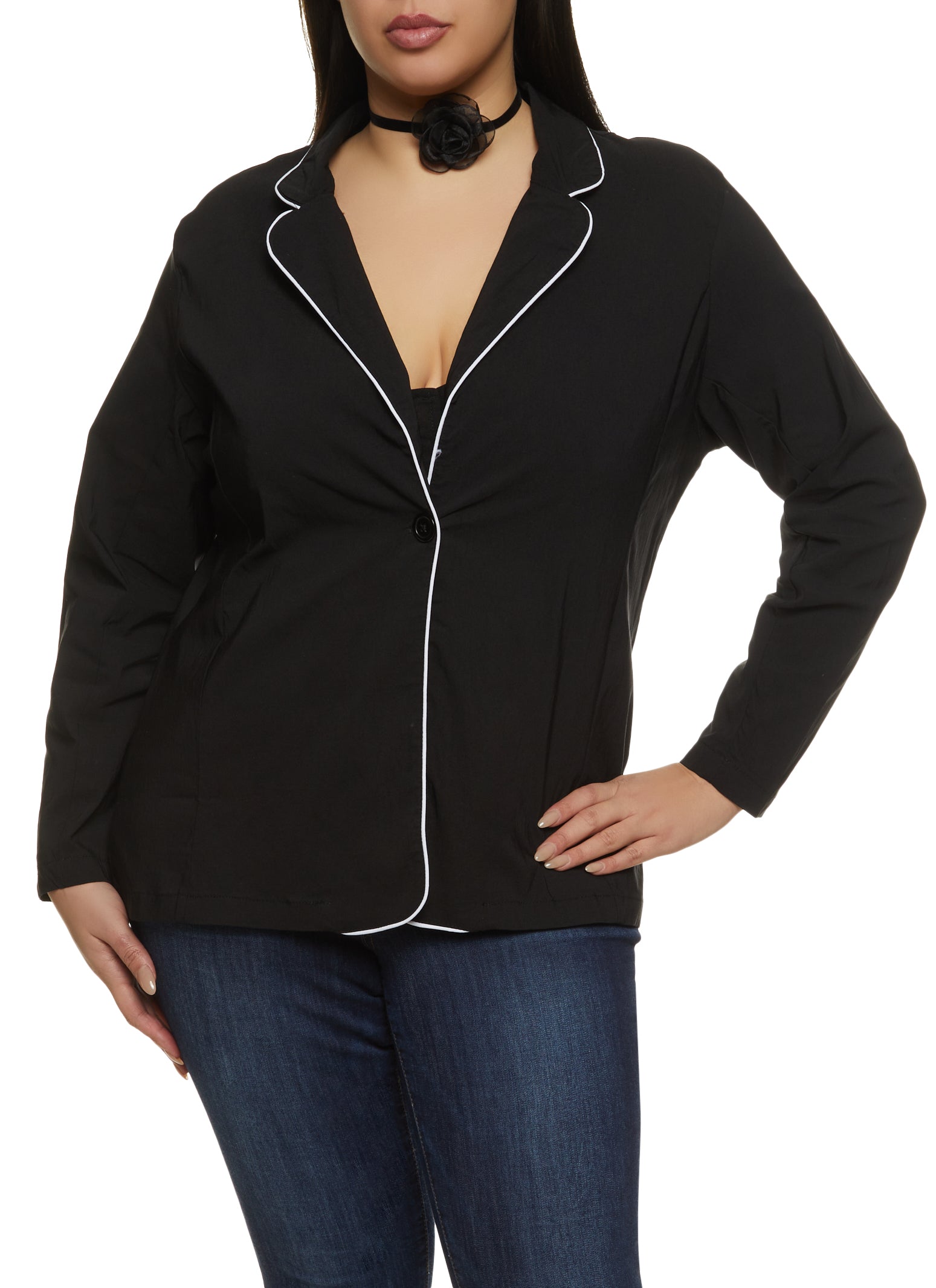 Womens Plus Contrast Piping Blazer,