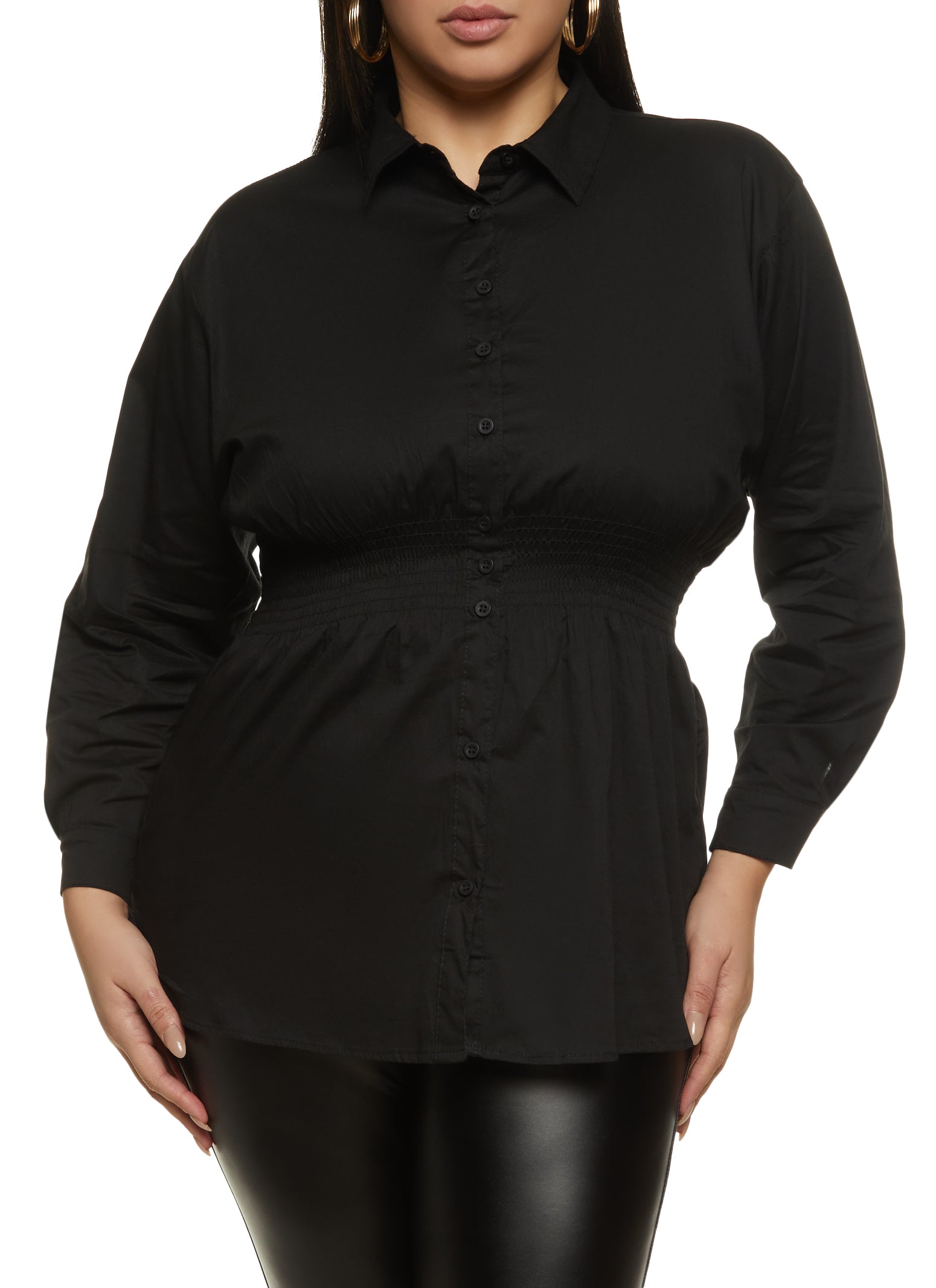 Womens Plus Size Smocked Waist Button Down Shirt, Black, Size 3X