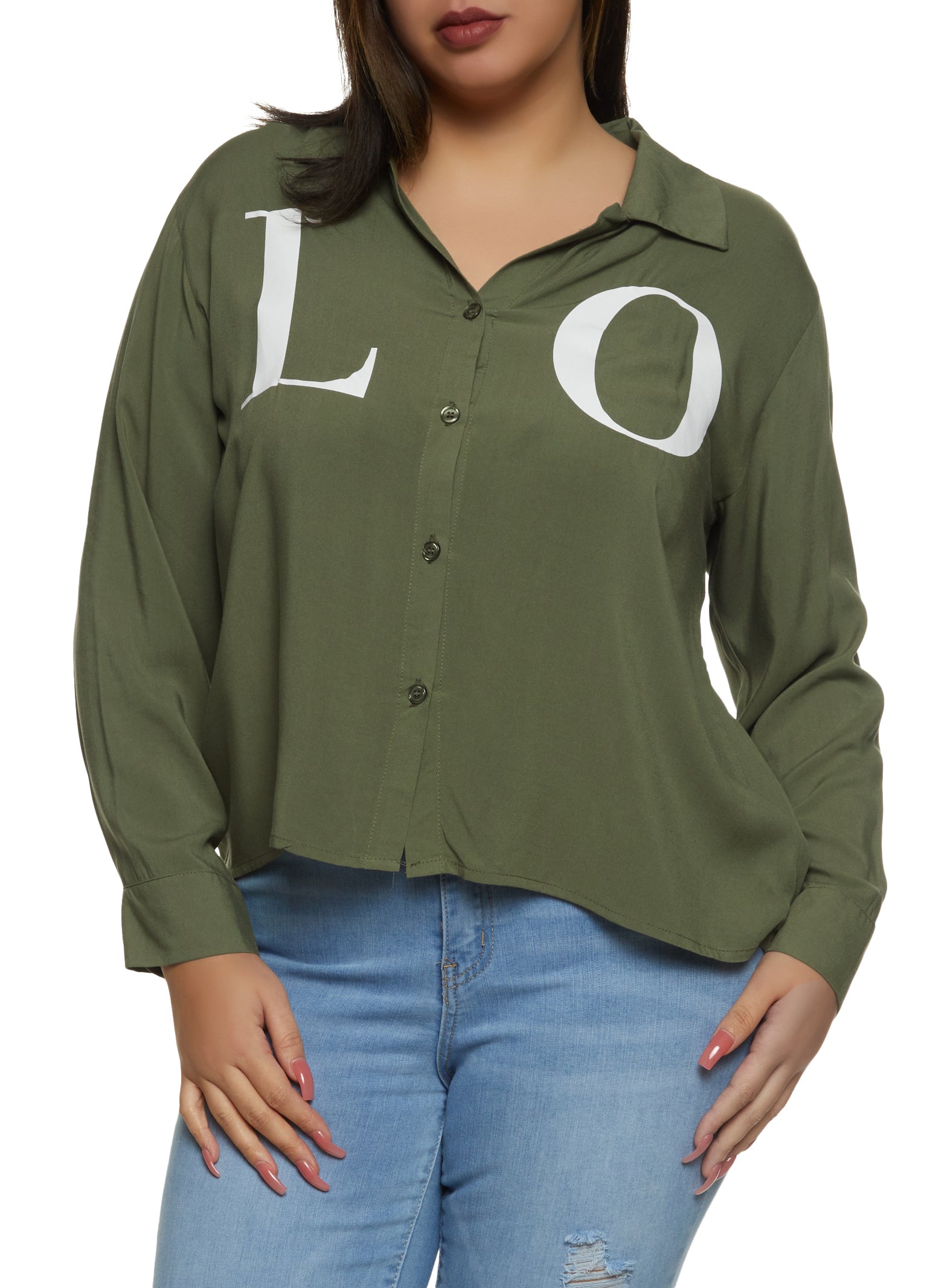 Womens Plus Size Love Graphic Button Down Shirt, Green, Size 1X