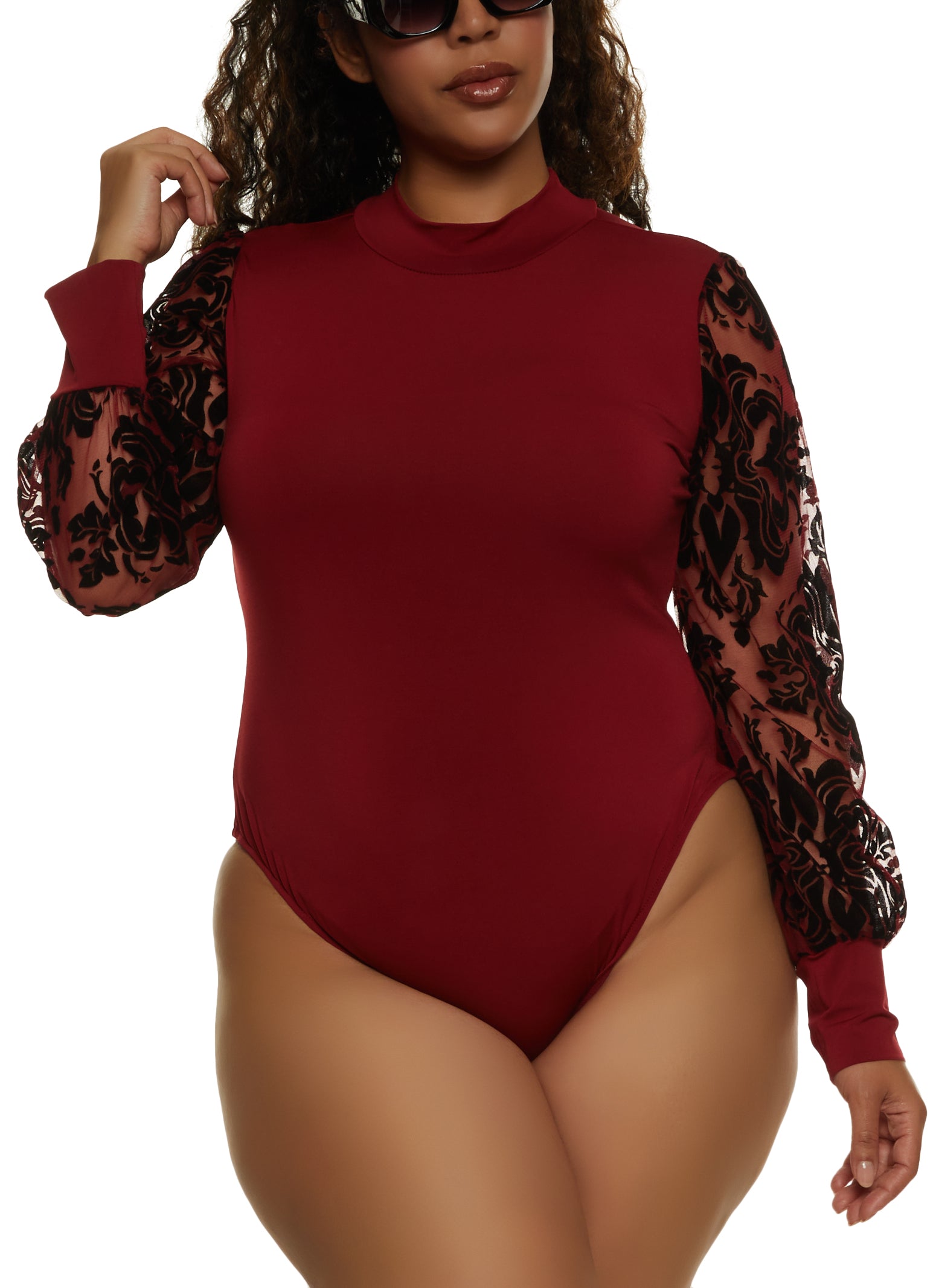 Rainbow Shops Womens Plus Size Zip Neck Long Sleeve Bodysuit