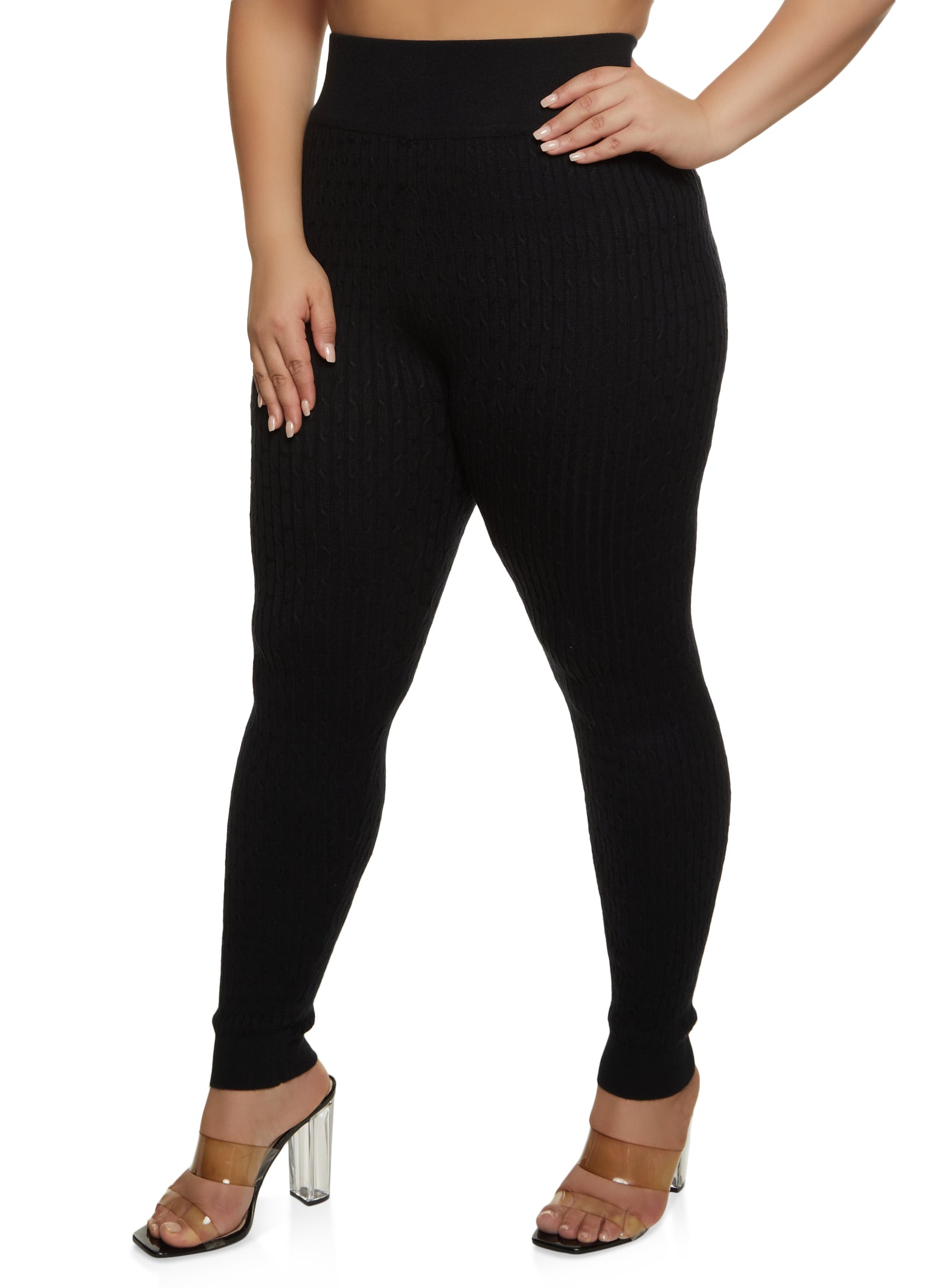 Rainbow Shops Womens Plus Size Wide Waistband Cable Knit Leggings, Black, Size  2X