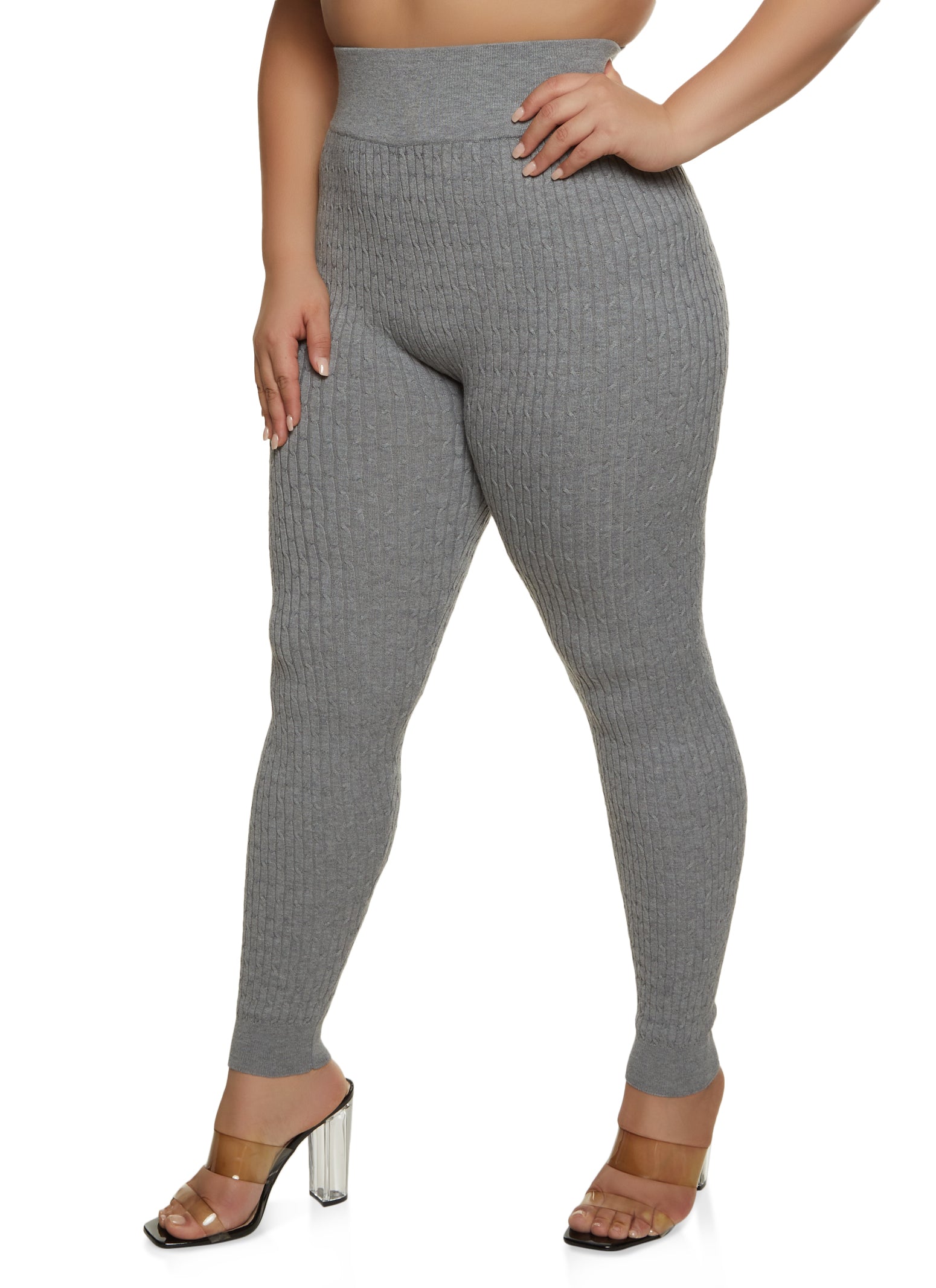 Plus Size Ribbed Knit High Waisted Leggings - Black