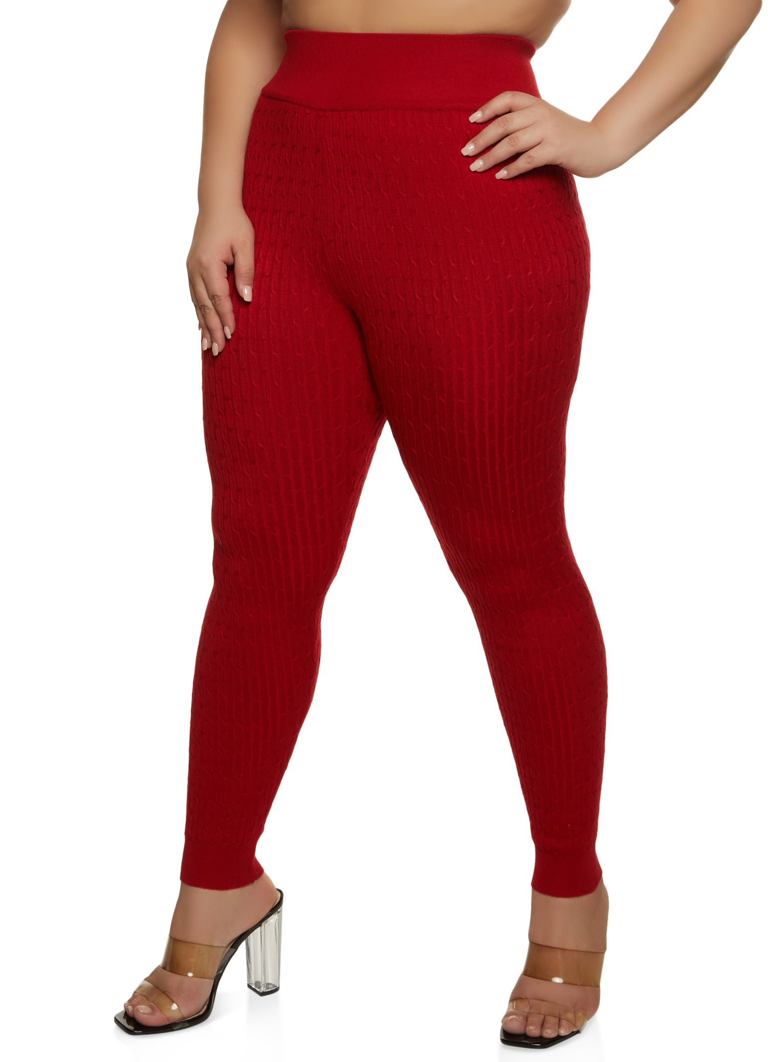 Womens Plus Size Fall-Winter Fleece Lined Ribbed Textured Leggings