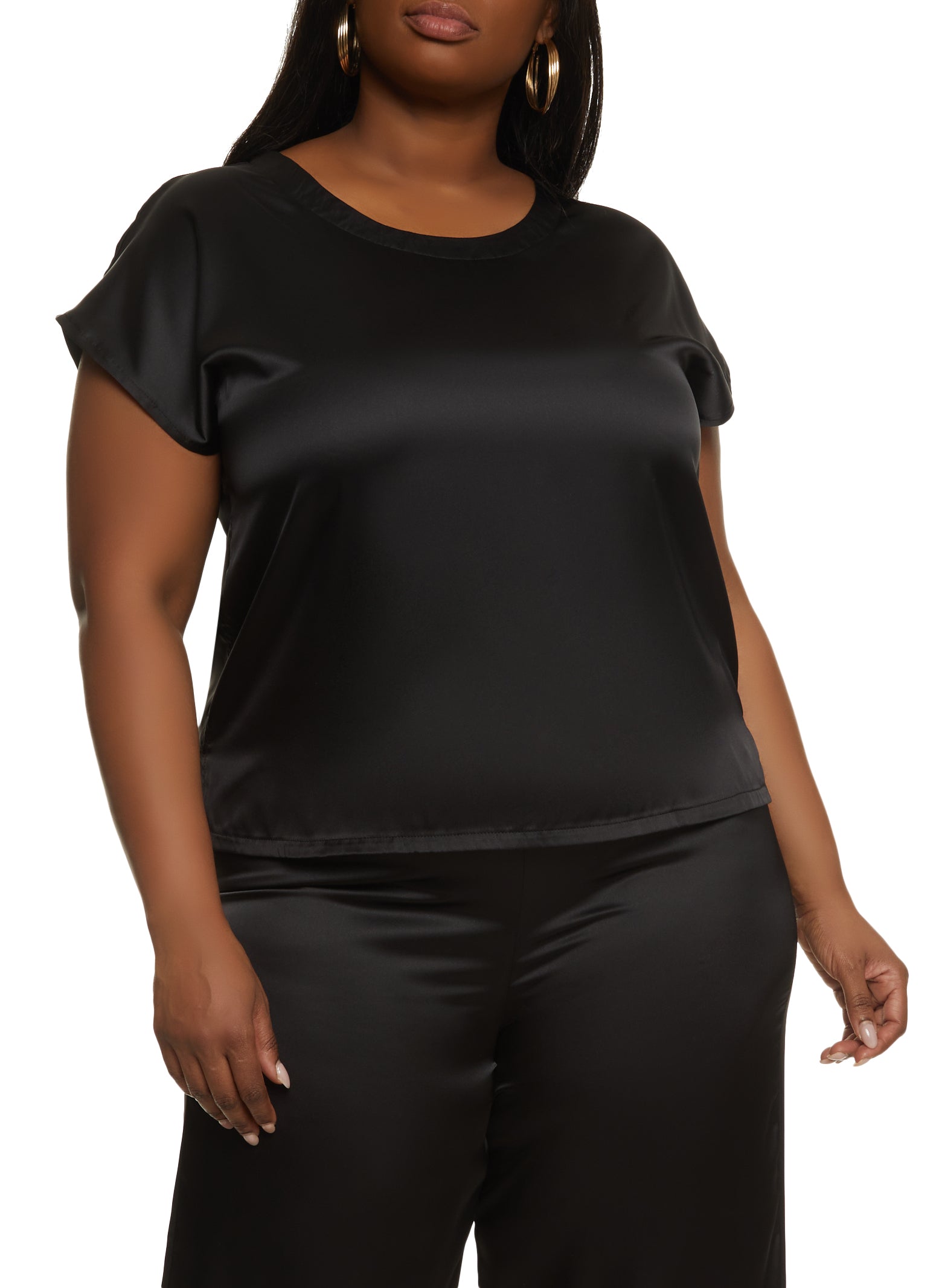 Womens Plus Satin Short Sleeve Blouse, Black,