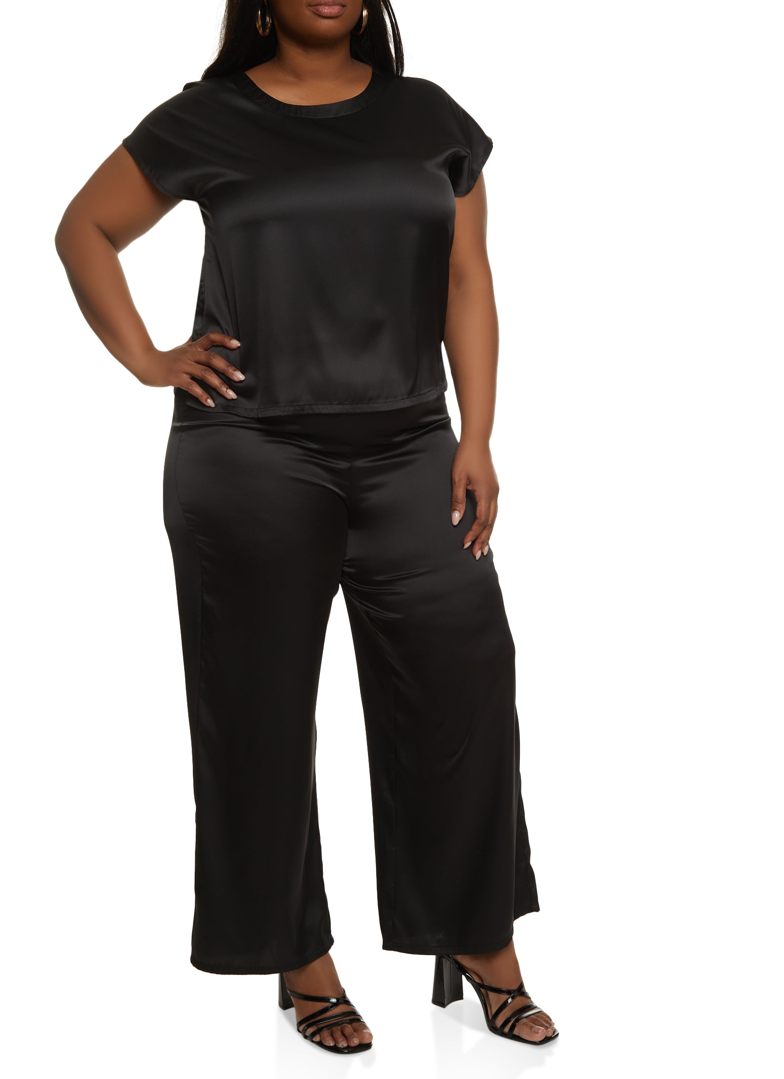 Womens Plus Size Satin Short Sleeve Blouse, Black, Size 1X