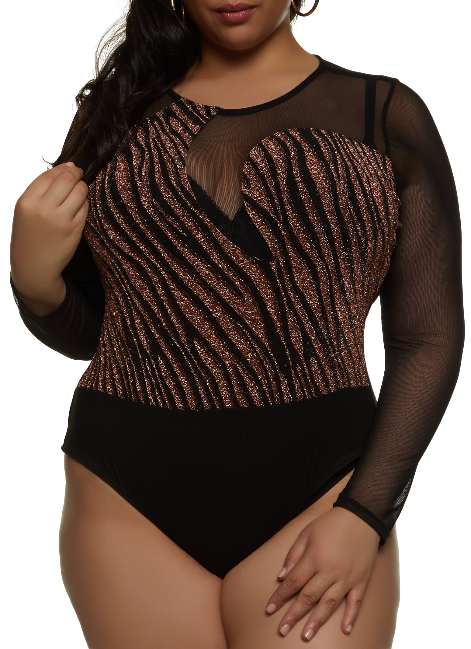 Plus Size Shadow Stripe Keyhole Lace Bodysuit - Black