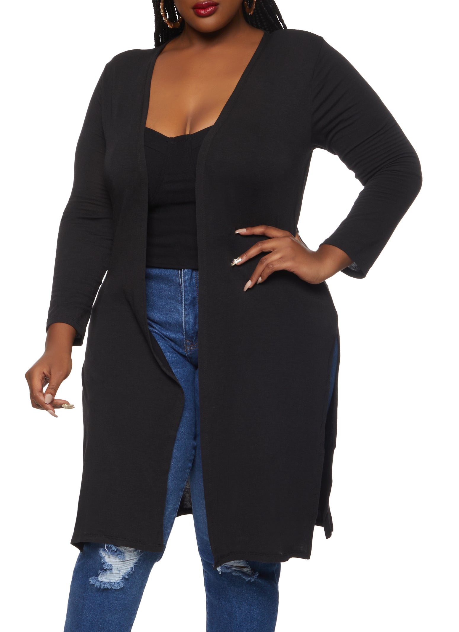 Plus Size Solid Side Slit Long Sleeve Duster