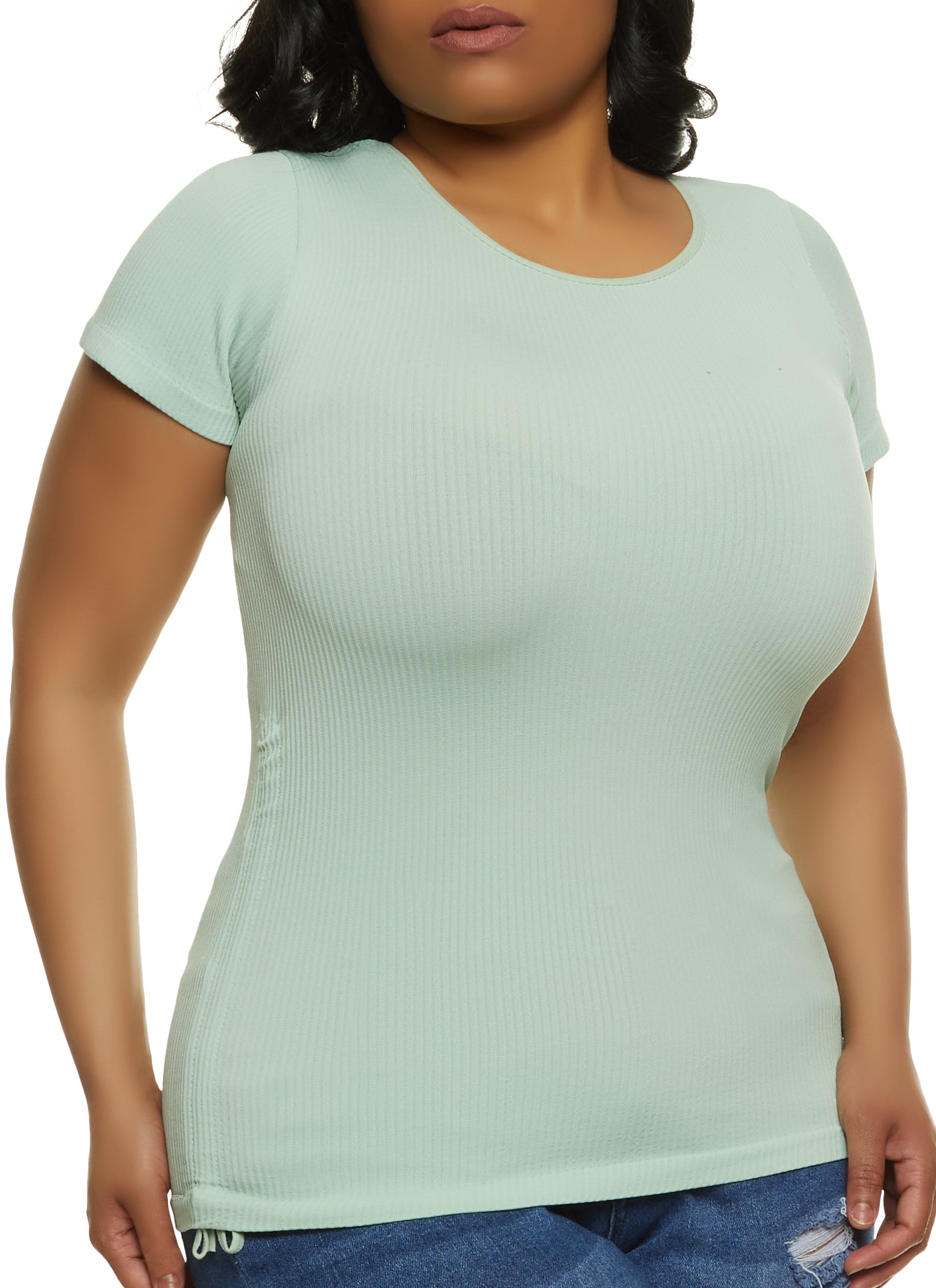 Plus Size Ribbed Knit Ruched Crew Neck Tee